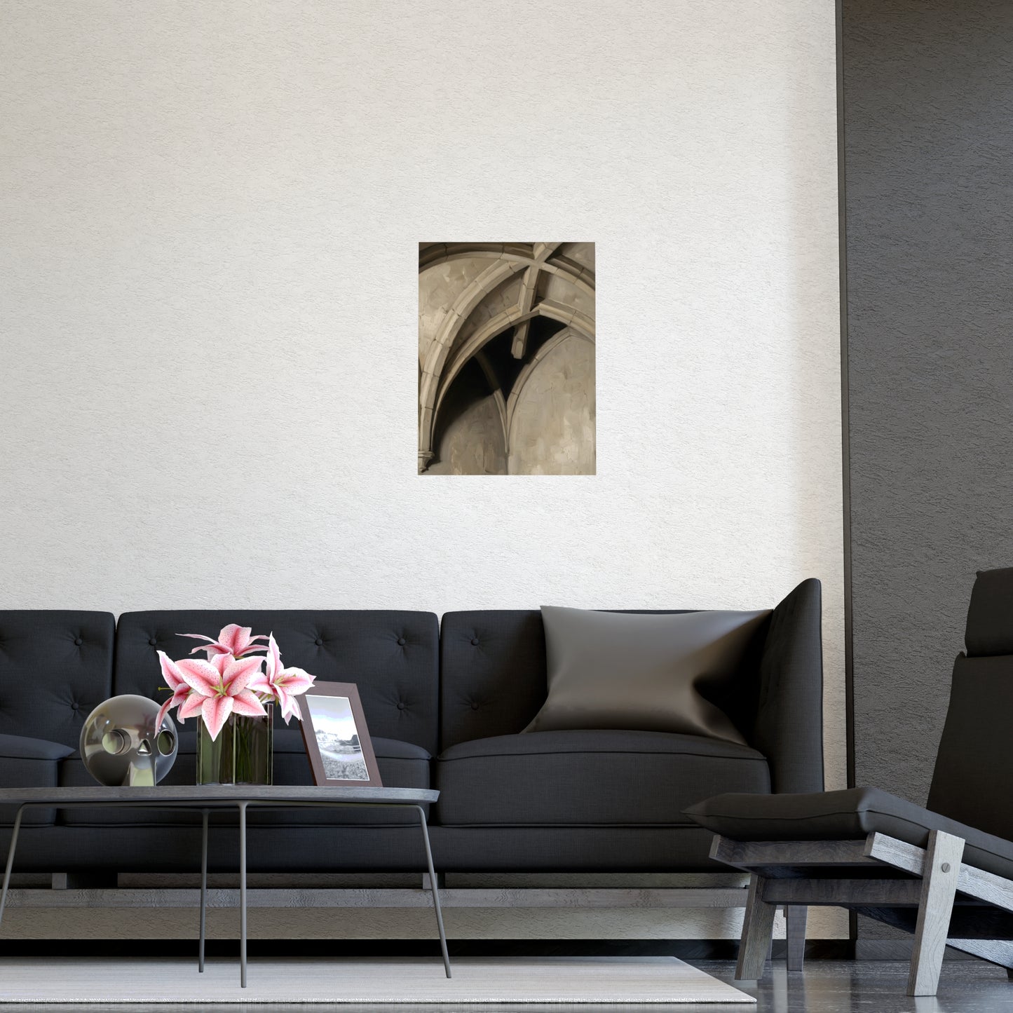 Vaulted Ceiling framed on a cream wall in a living room, 11x17 in print