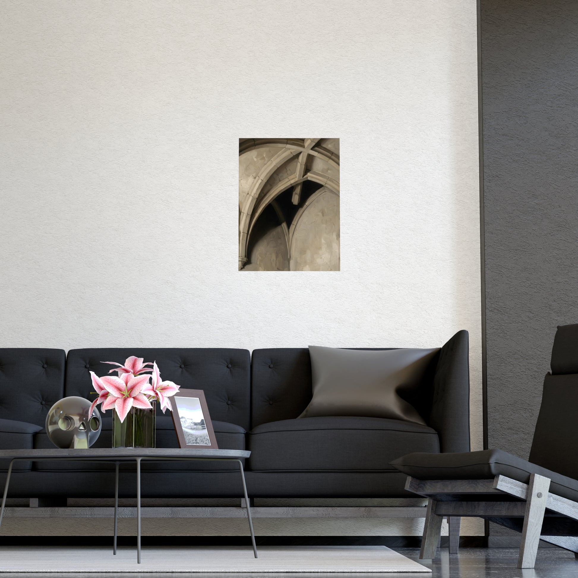 Vaulted Ceiling framed on a cream wall in a living room, 11x17 in print
