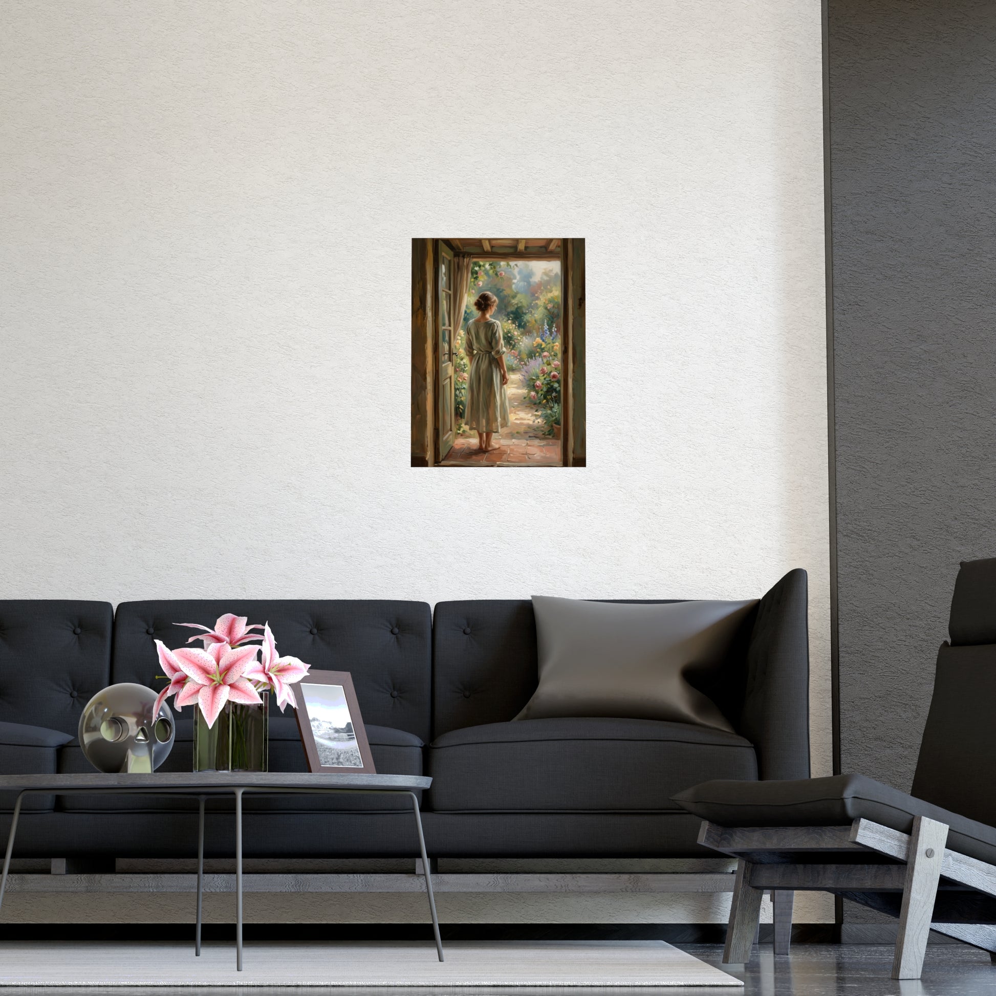 Doorway to the Garden on a living room wall beside a tall vase, 11x17 in print
