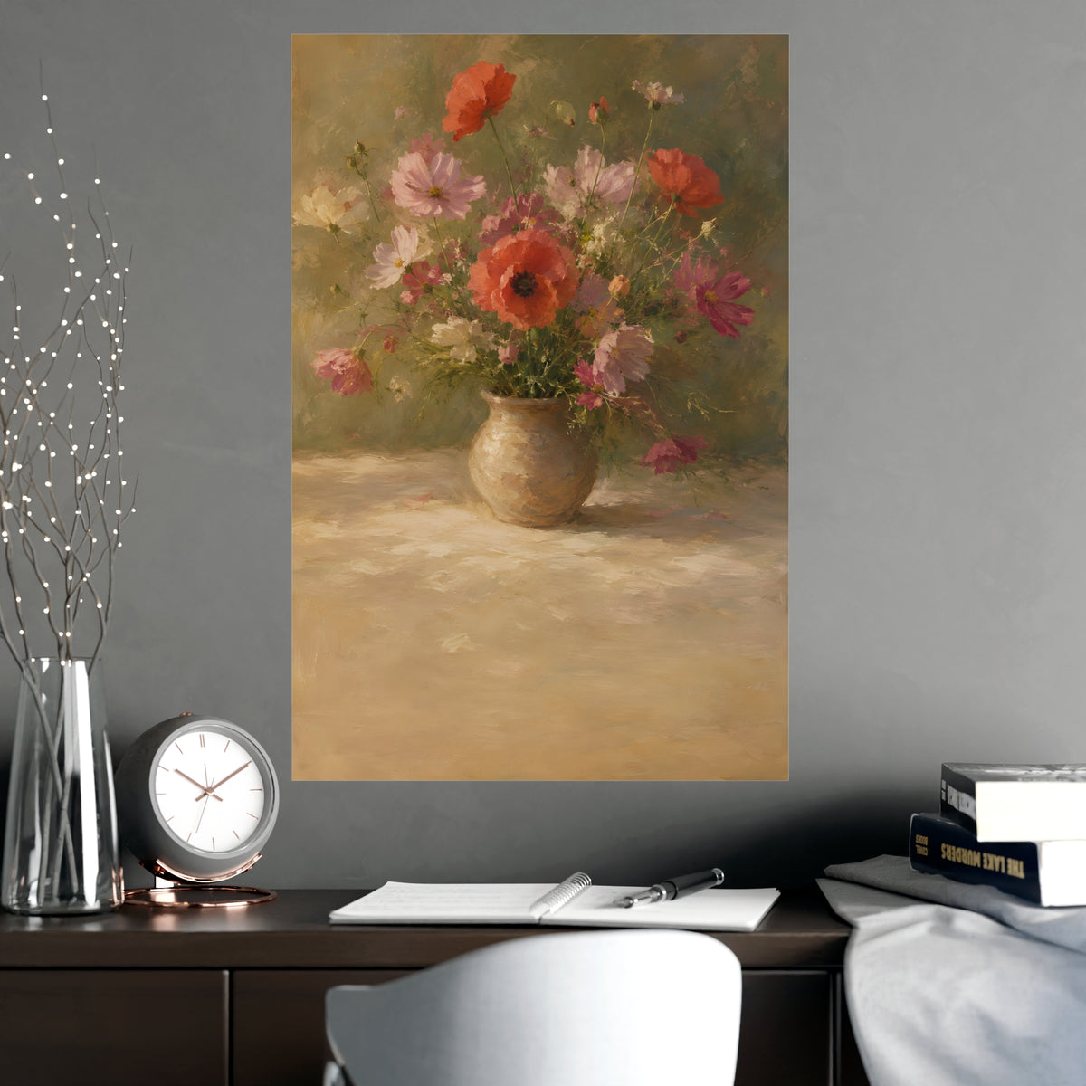 Poppy and Cosmos Bouquet — a loose bouquet of poppies and cosmos in an earthenware vase, shown framed on a wall