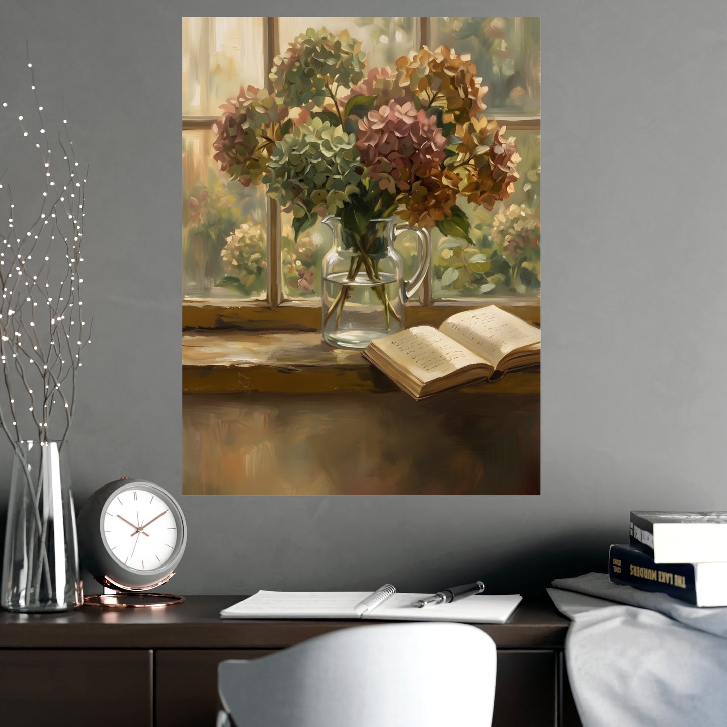 Hydrangeas and a Book on a living room wall beside a tall vase, 18x24 in print
