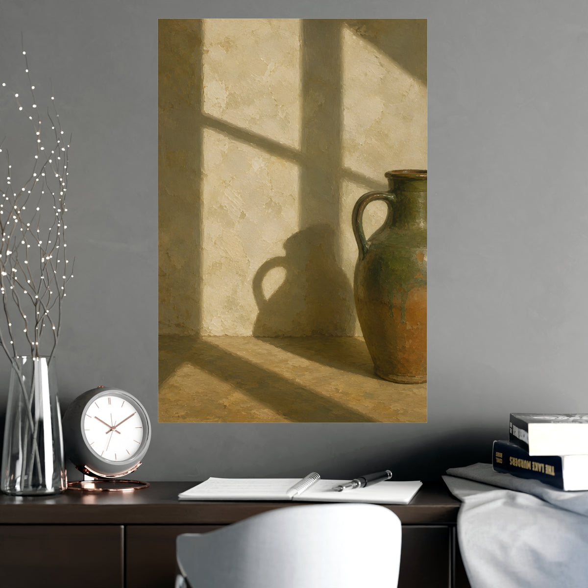 A Long Shadow on Plaster — a long shadow on plaster, shown framed on a wall