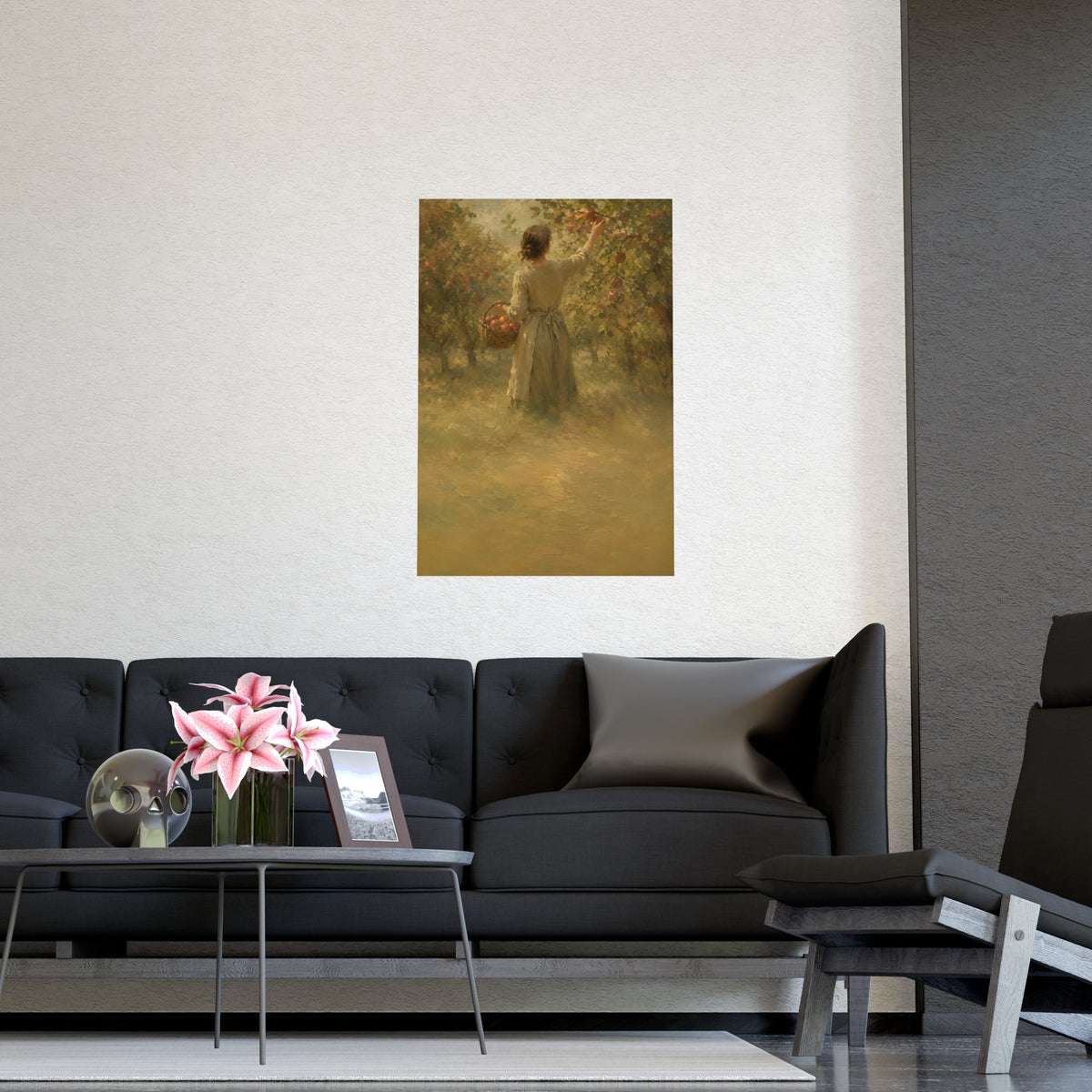 Picking Apples — a woman picking apples in an orchard in early autumn, seen from behind, shown framed on a wall
