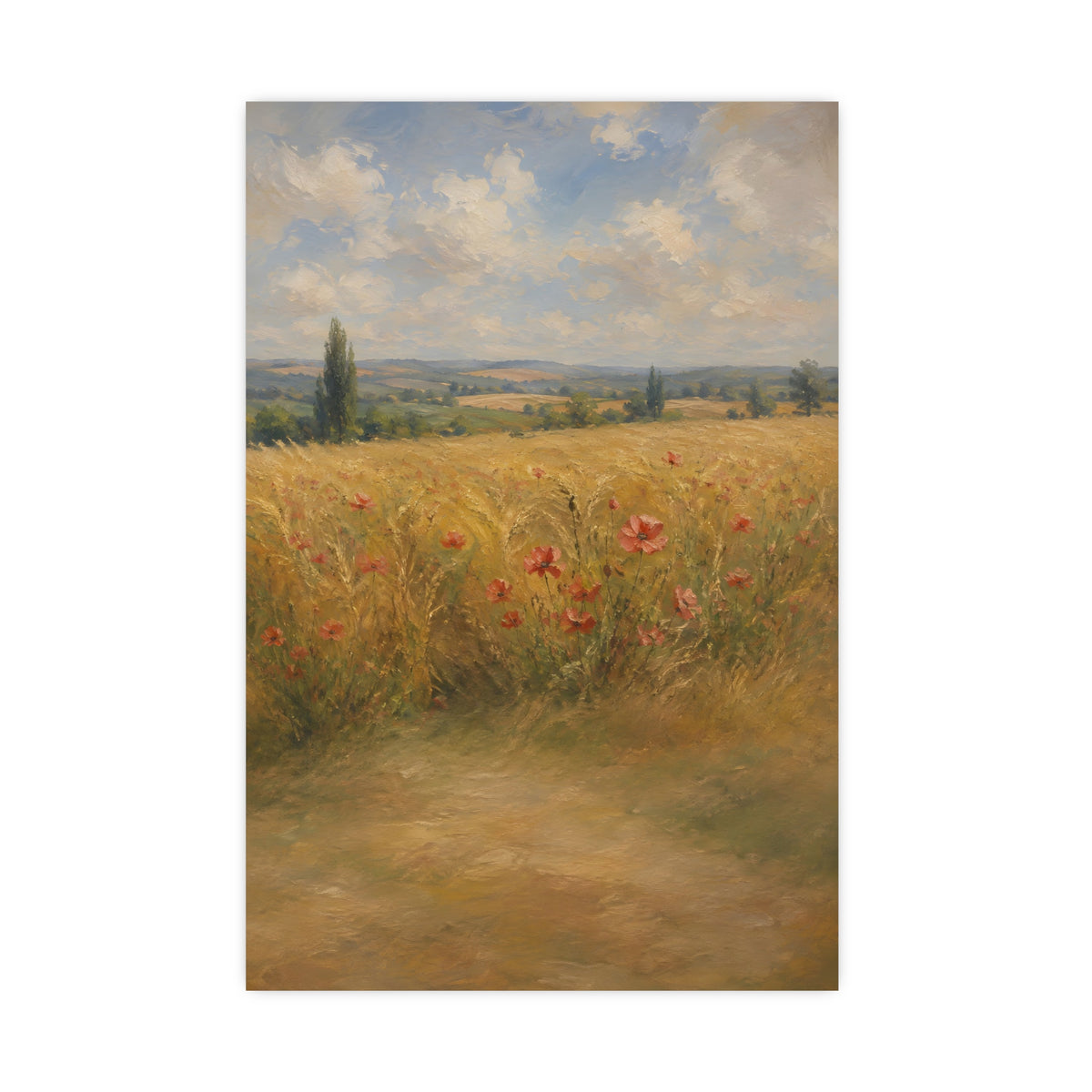 Poppies in the Wheat — wheat fields under a wide summer sky with poppies scattered through the gold, 16x24 in print