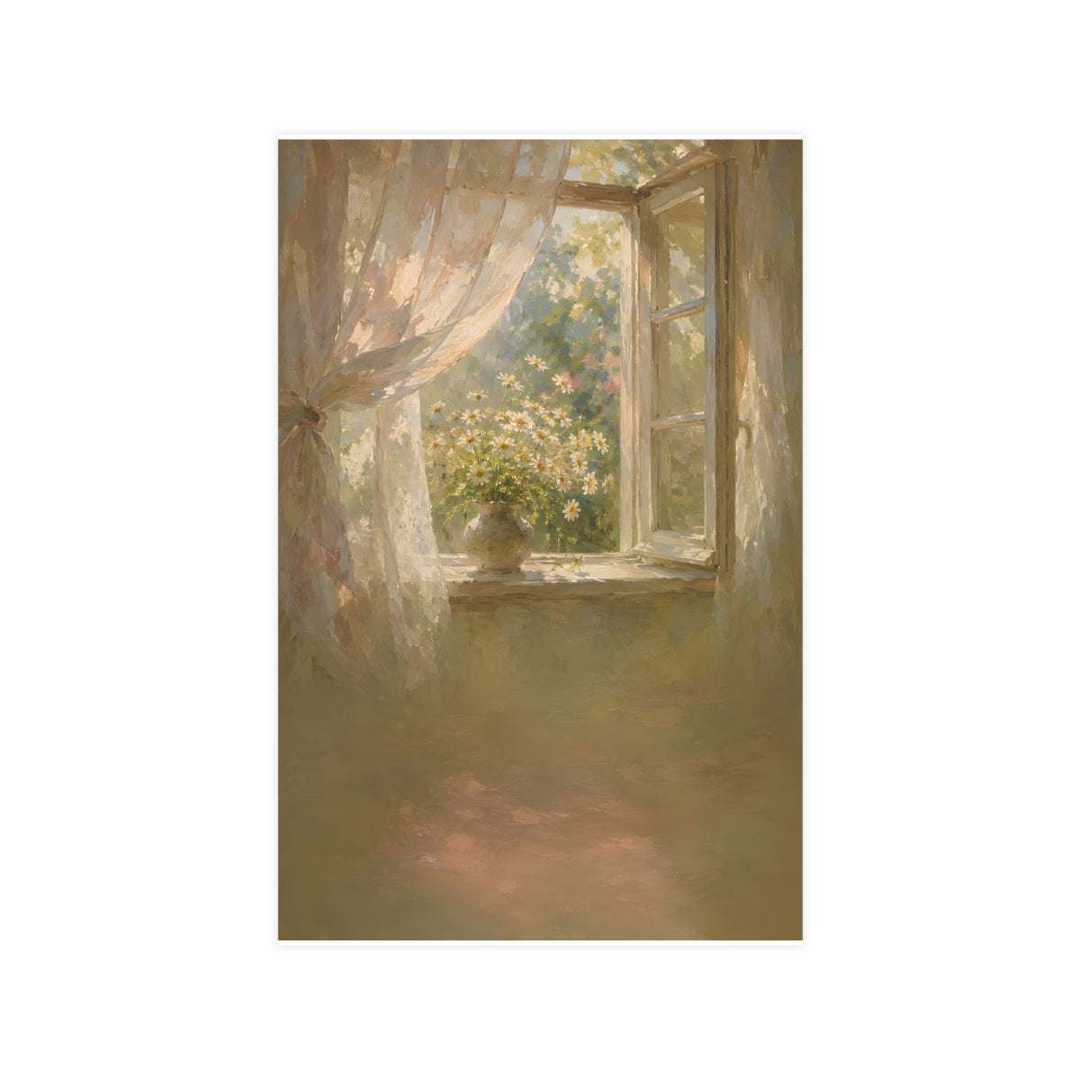 Daisies on the Sill — an open window with sheer curtains lifting in the breeze and a vase of daisies on the sill, 11x17 in pr
