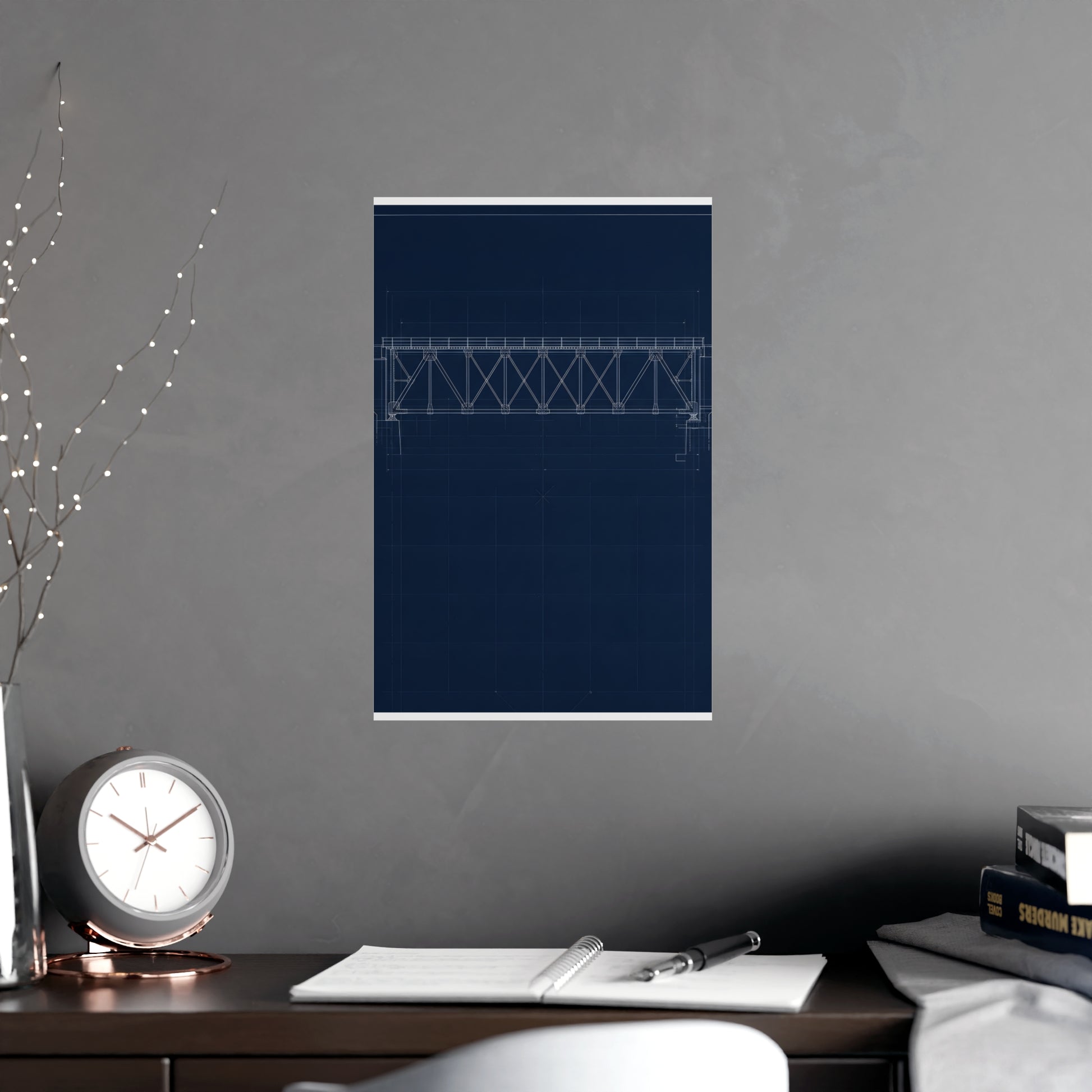Bridge Truss hung above a desk with a clock and notebook, 11x17 in print