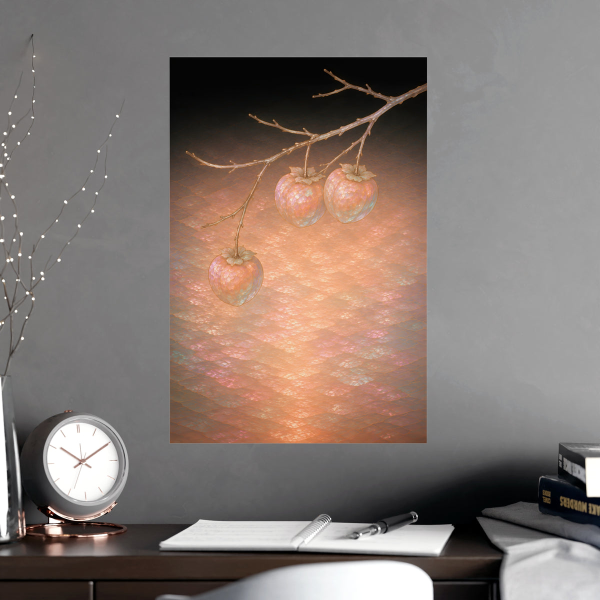Persimmons on a Bare Branch — persimmons on a bare branch, shown framed on a wall