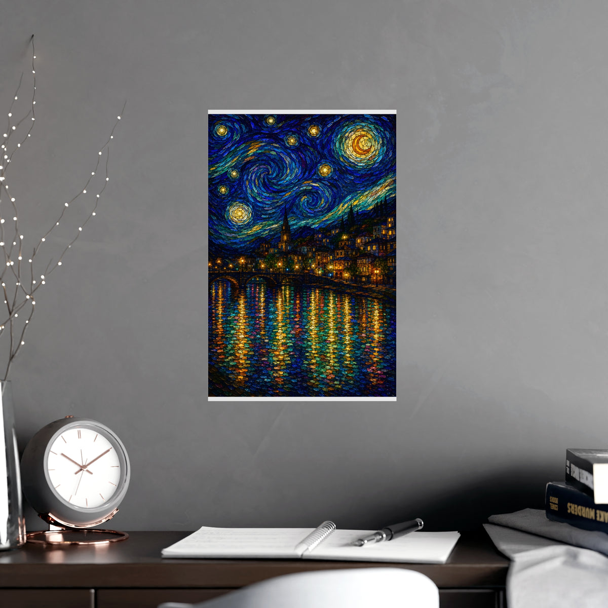 River Town at Night — river town at night, shown framed on a wall