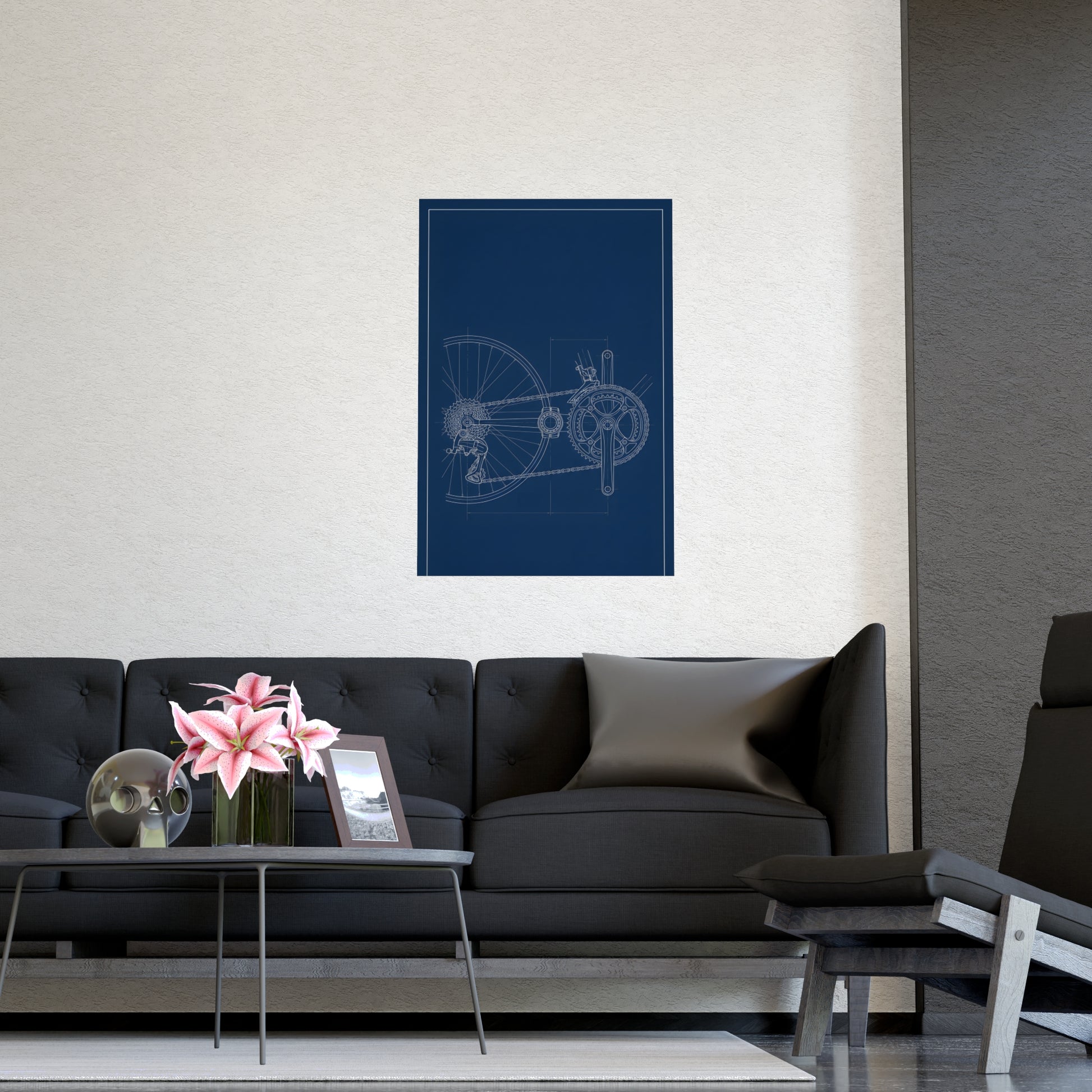 Drivetrain hung on a grey wall above a dark sofa, 16x24 in print