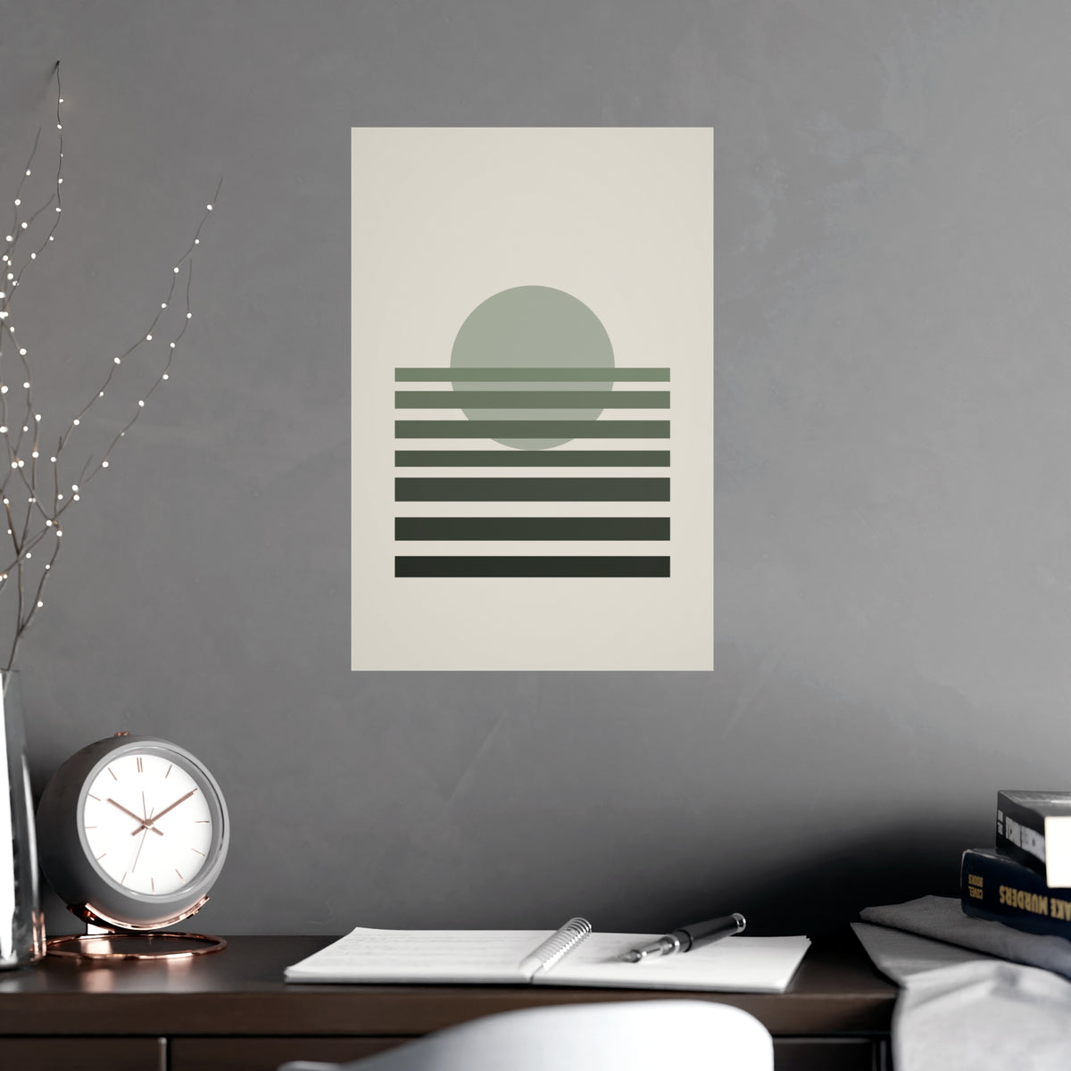 Sage Neutral Sunset Boho Wall Art — sunset in a sage neutral palette, shown framed on a wall