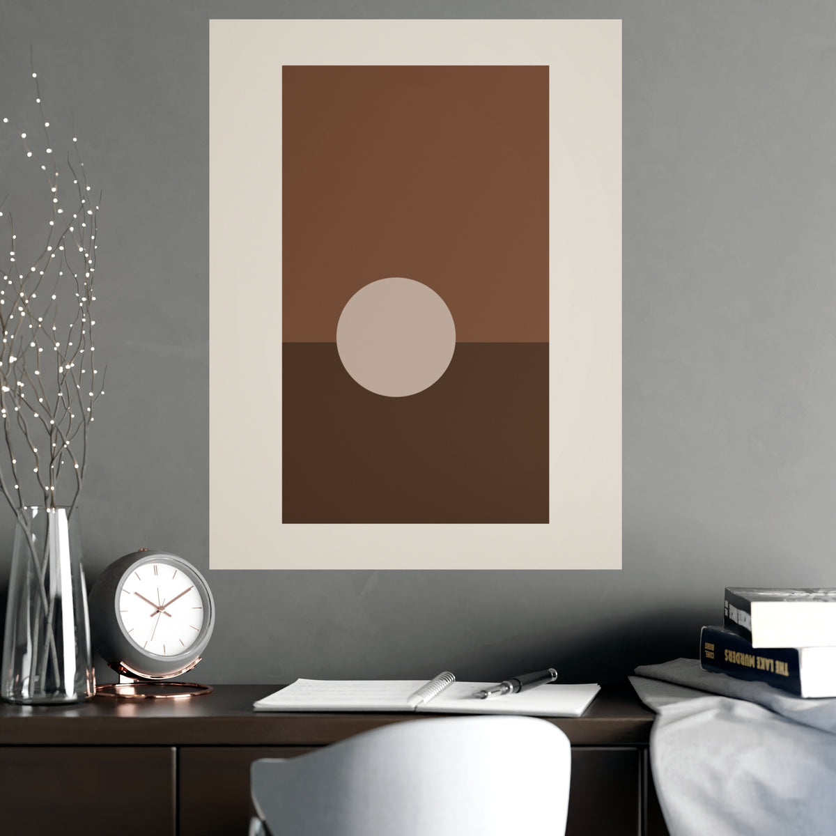 Sand Clay Sun Landscape Wall Art — sun landscape in a sand clay palette, shown framed on a wall