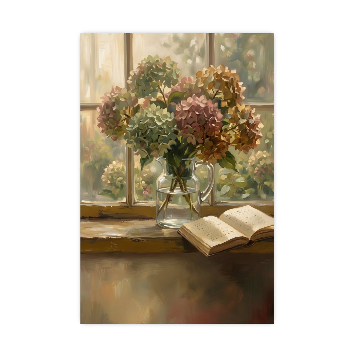 Hydrangeas and a Book — hydrangeas in a glass jug beside an open book on a sunlit windowsill, 18x24 in print