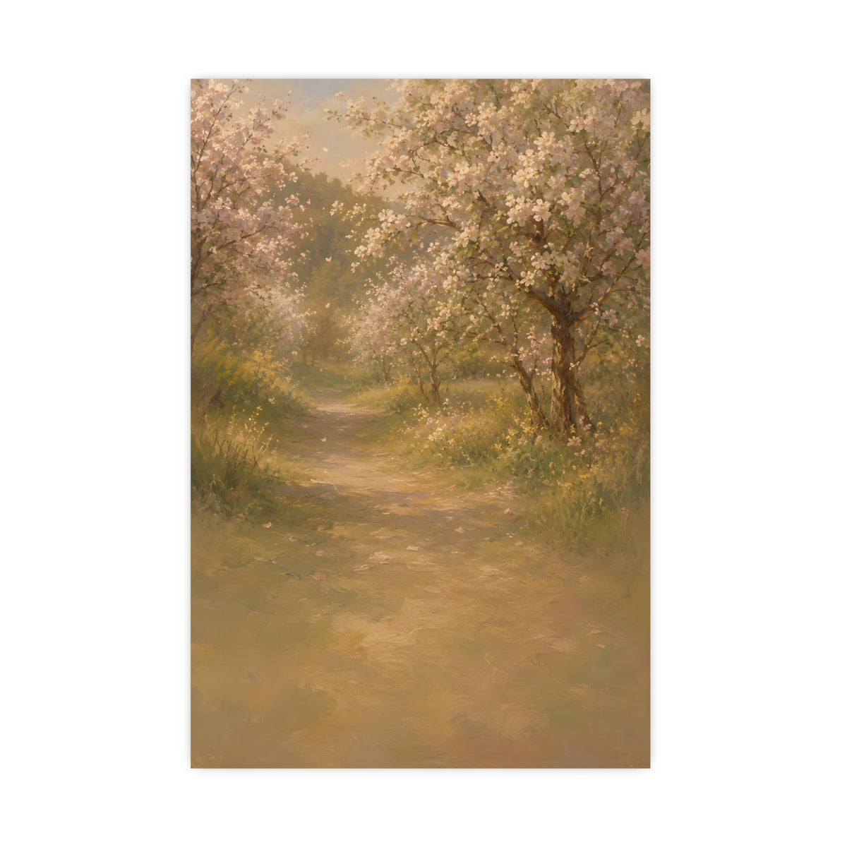 Orchard Path in Spring — a quiet orchard path with blossom drifting, 16x24 in print