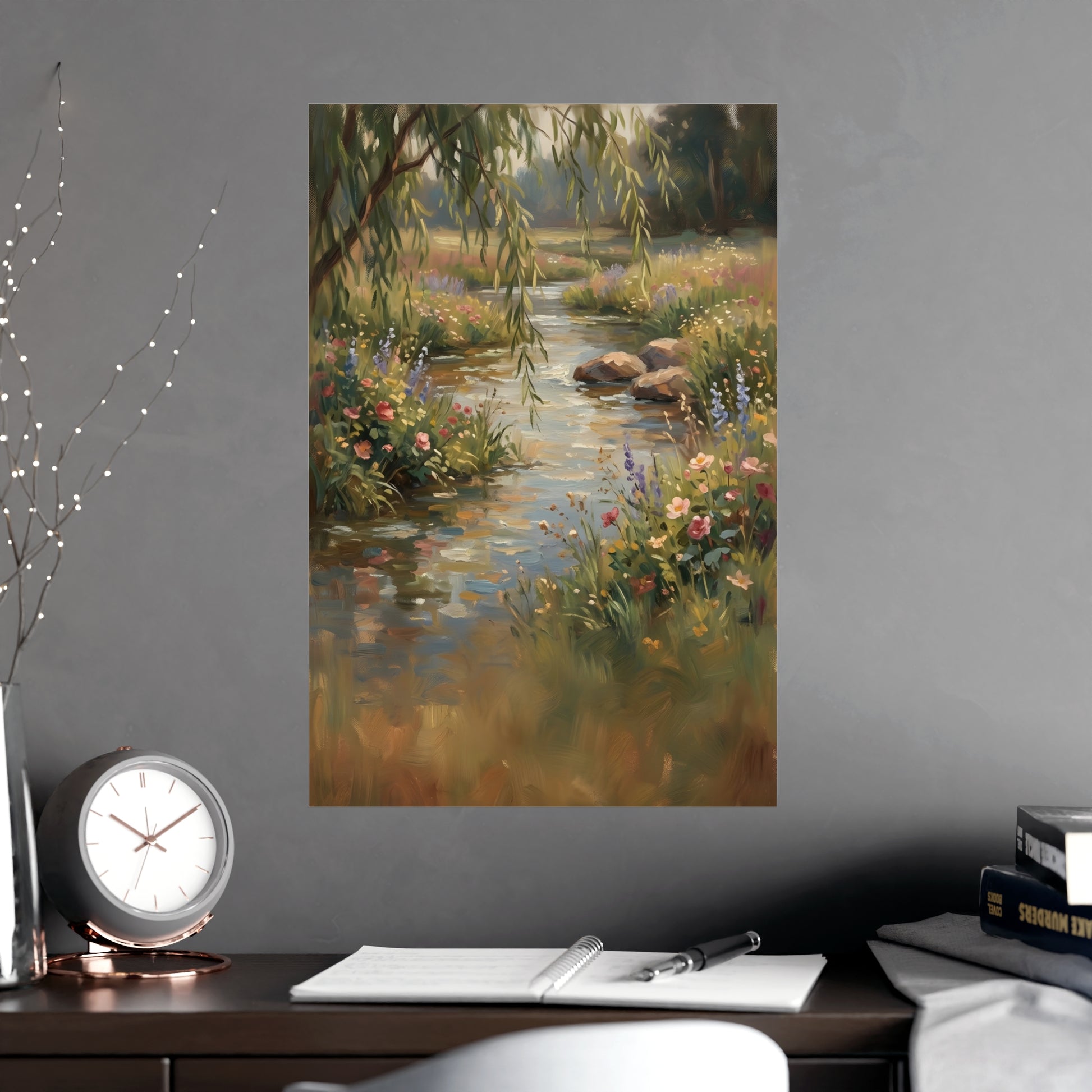 Willow Stream framed on a cream wall in a living room, 16x24 in print
