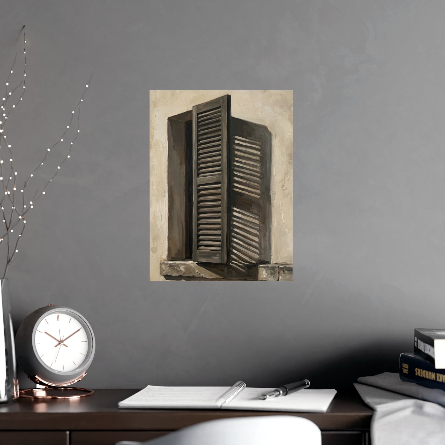 Shutters, Half Closed on a living room wall beside a tall vase, 12x18 in print