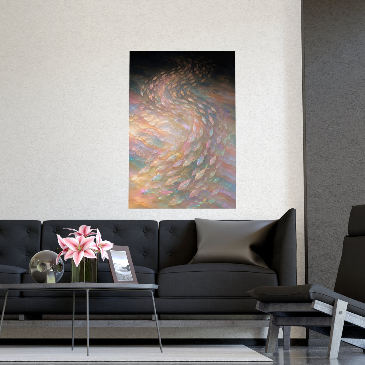 A Shoal, Turning — a shoal, turning, shown framed on a wall