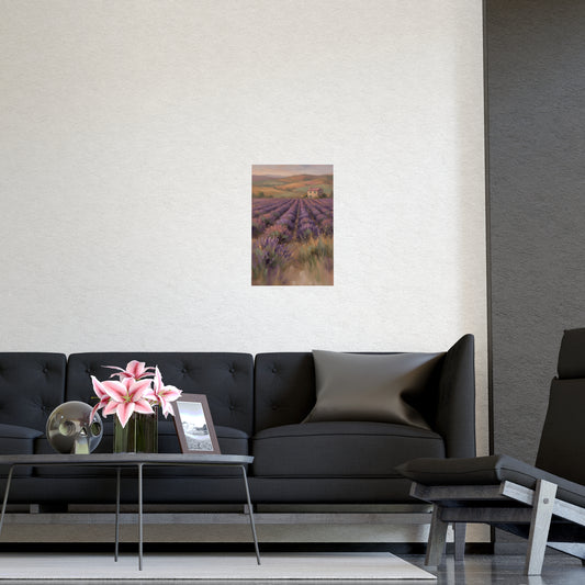 Lavender Fields at Dusk framed on a cream wall in a living room, 12x16 in print