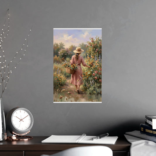Gathering Flowers framed on a cream wall in a living room, 11x17 in print