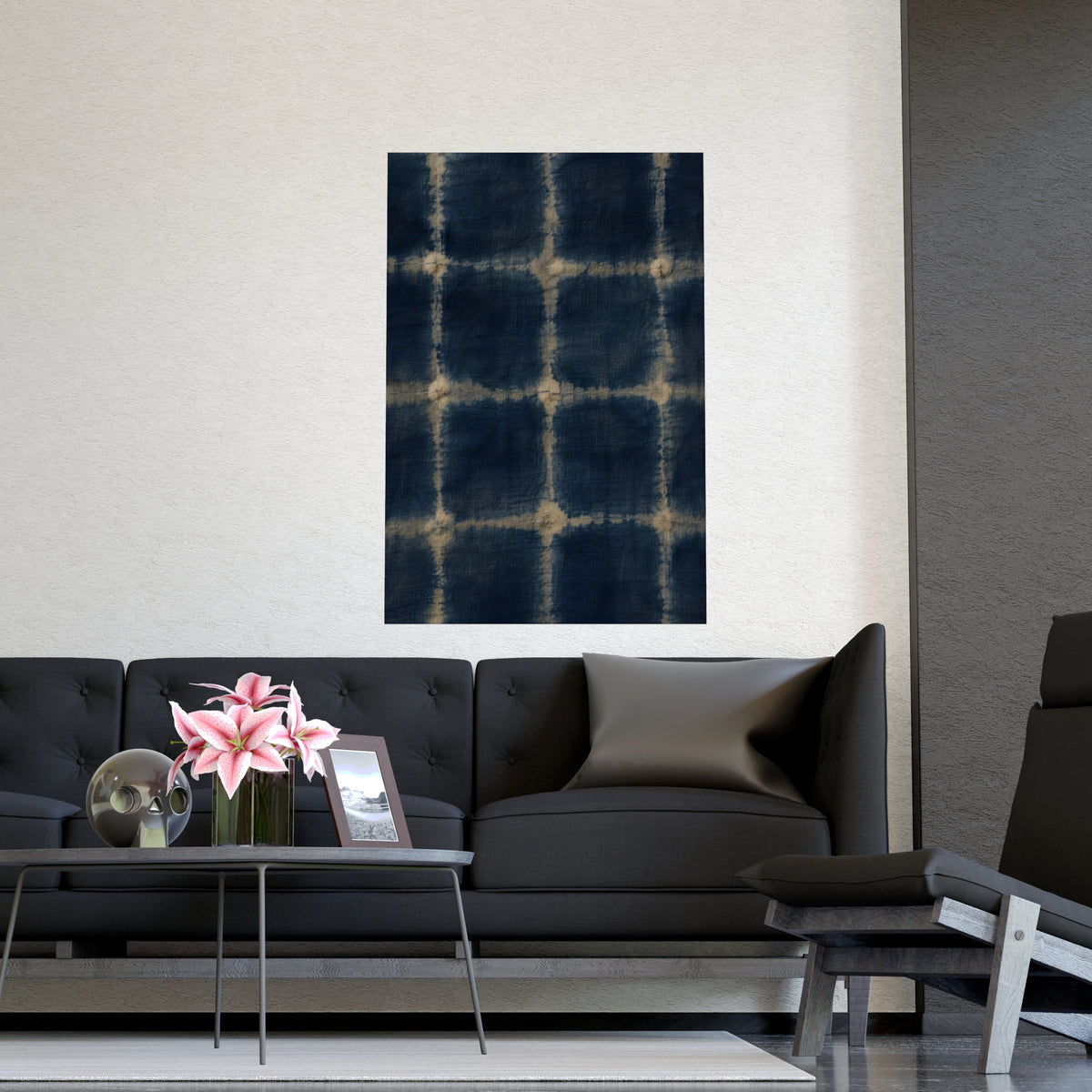 Indigo, Tied — indigo, tied, shown framed on a wall