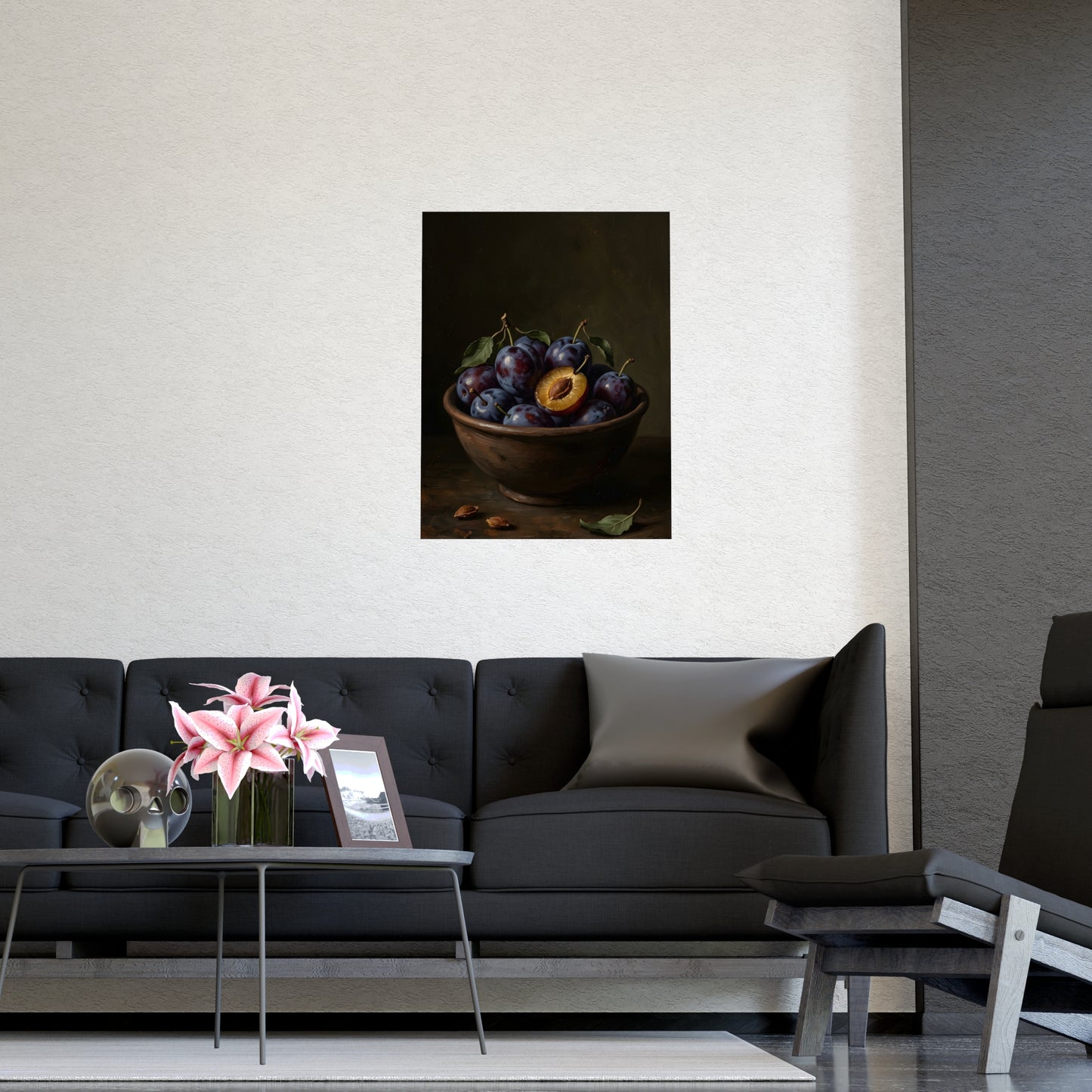 Bowl of Plums hung above a desk with a clock and notebook, 20x30 in print