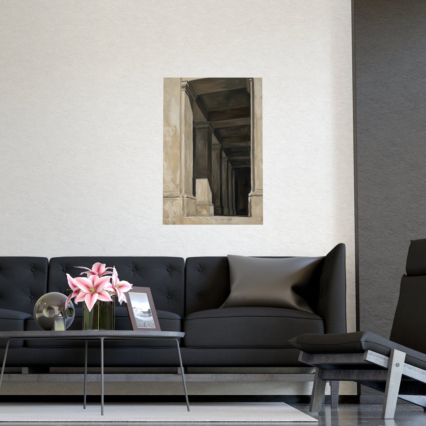 Colonnade hung on a grey wall above a dark sofa, 16x24 in print