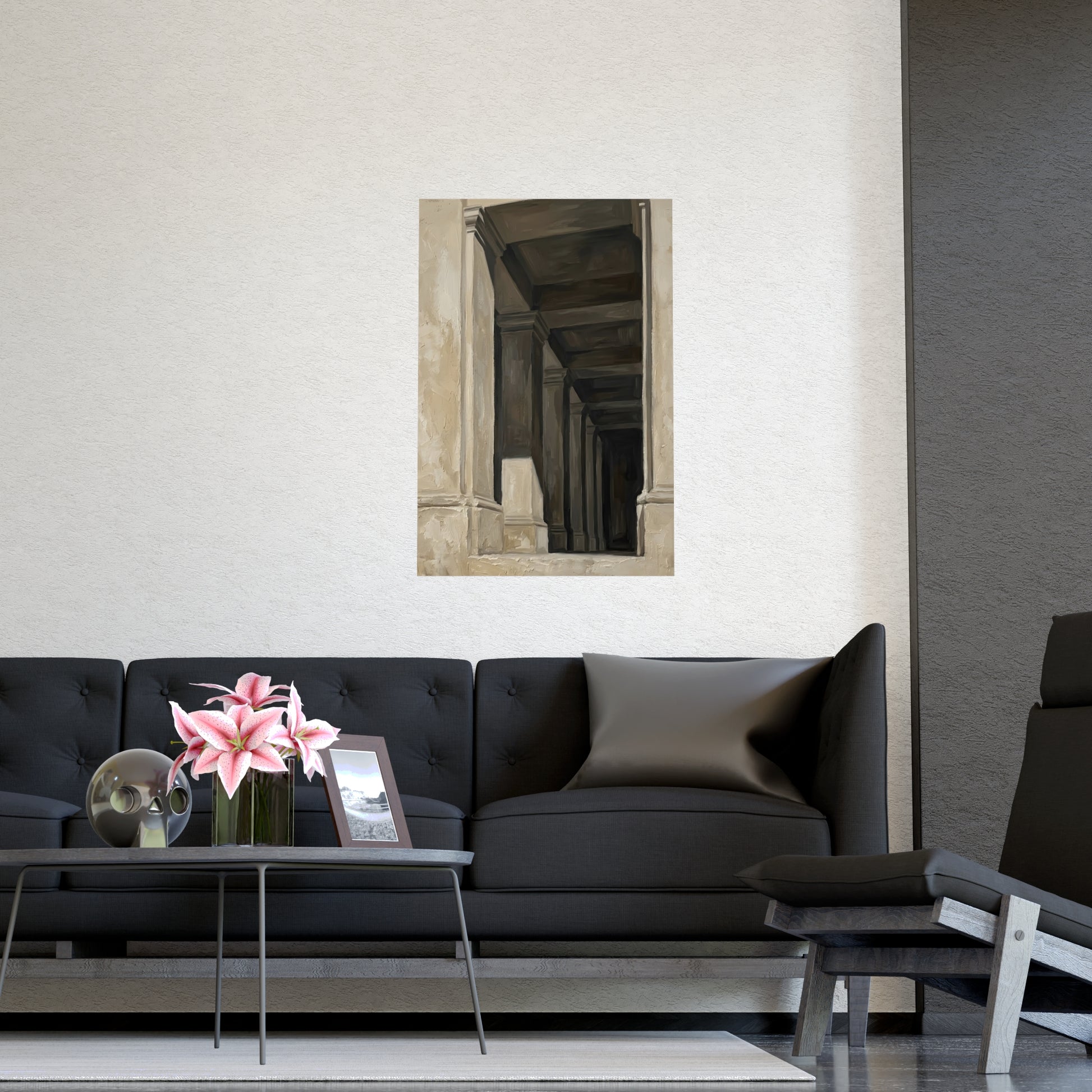 Colonnade hung on a grey wall above a dark sofa, 16x24 in print