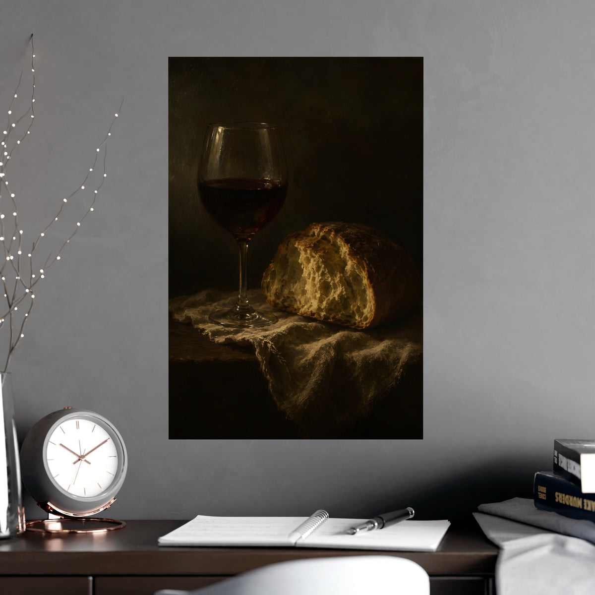 Wine and Bread — wine and bread, shown framed on a wall
