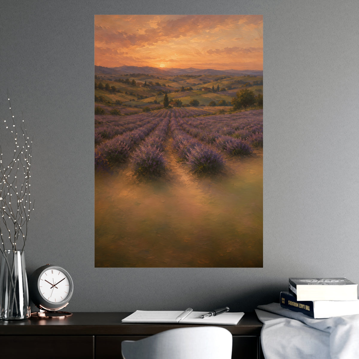 Lavender Fields at Dusk — lavender rows receding into soft hills at dusk, shown framed on a wall