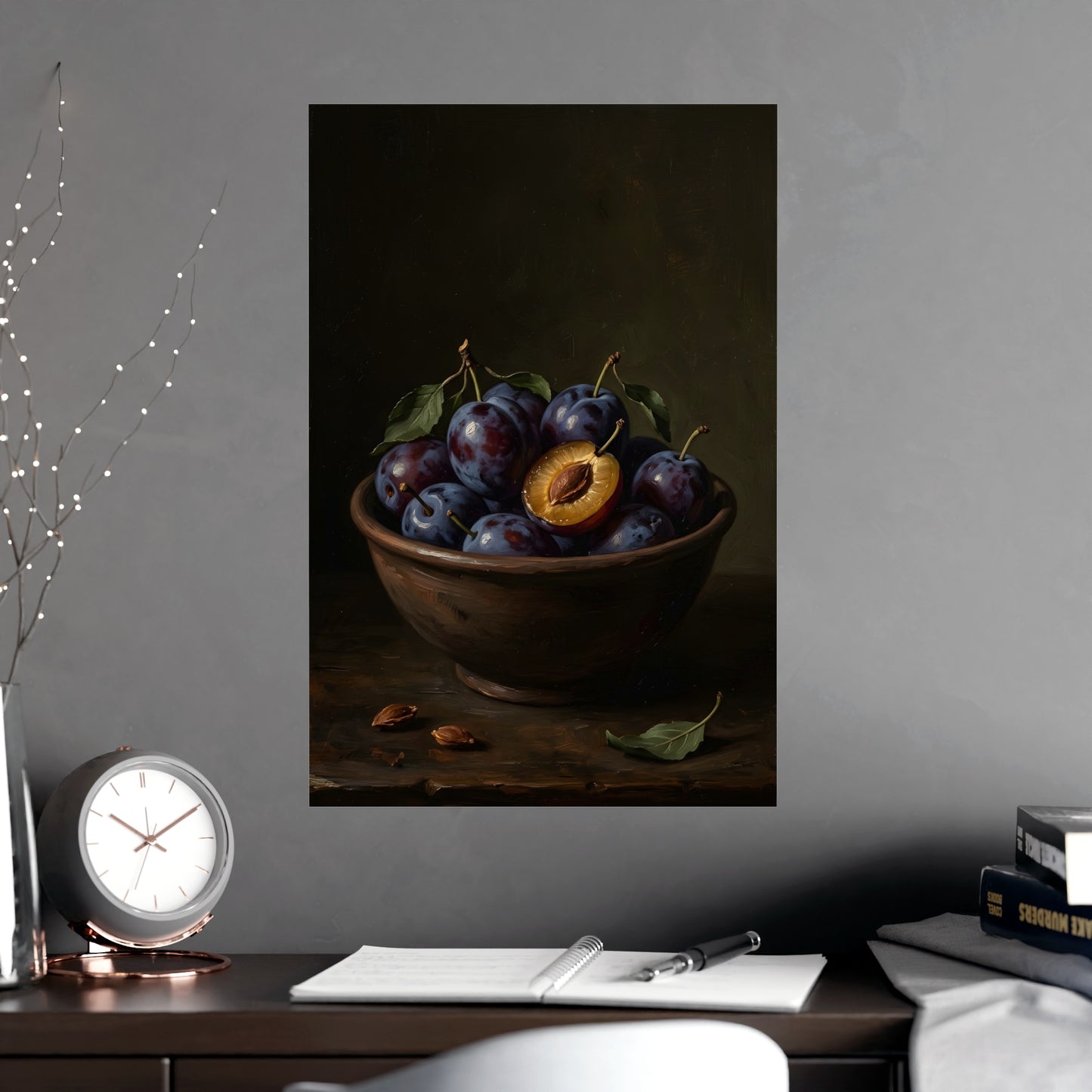Stilllife 04 hung above a sofa with a side table and lilies, 18x24 in print