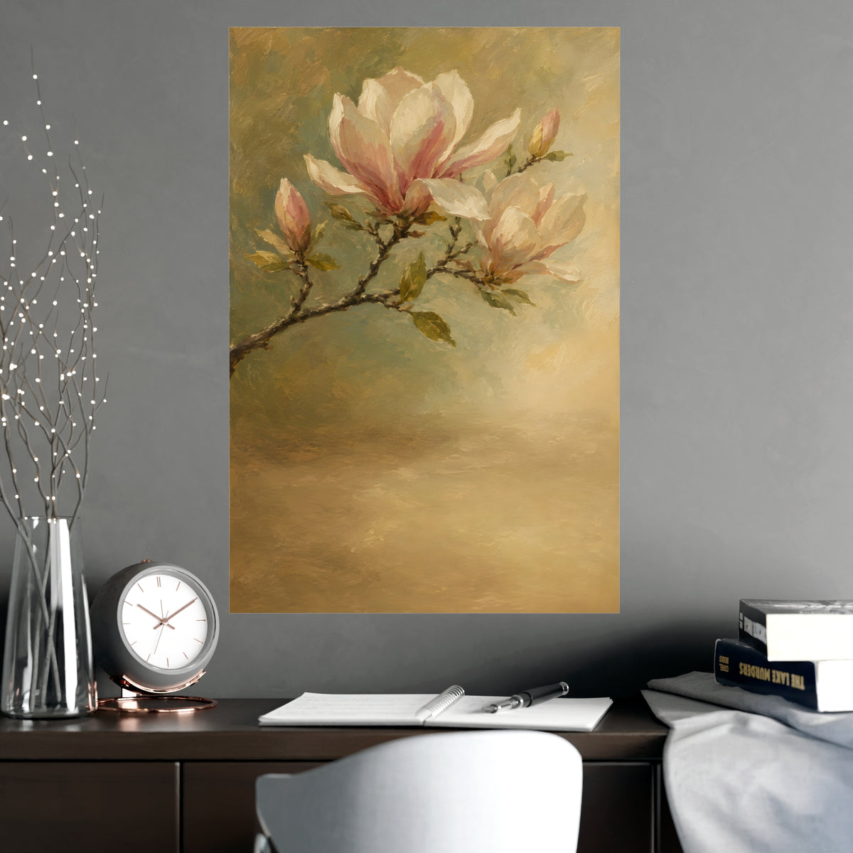 Magnolia Branch — a single magnolia branch in bloom, shown framed on a wall