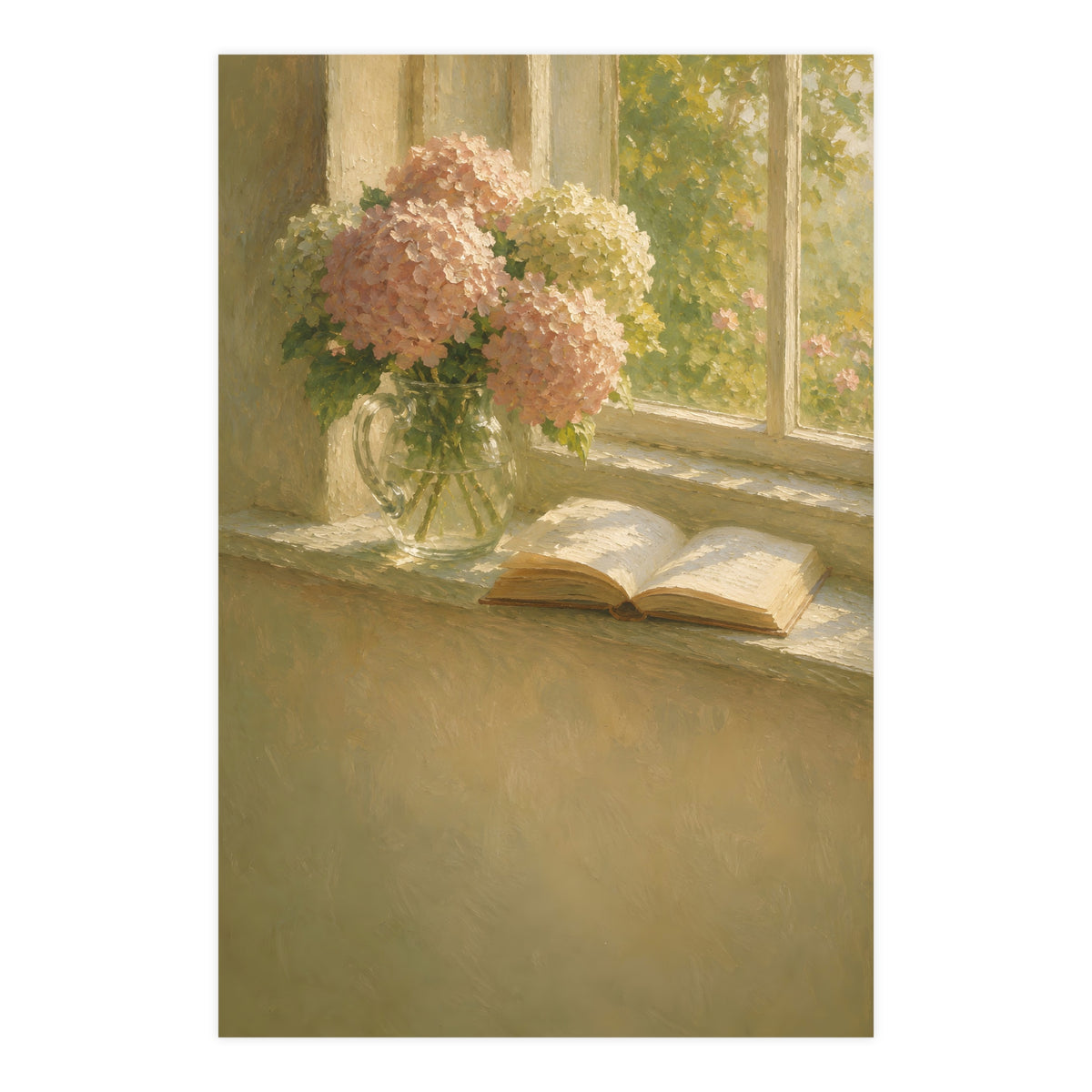 Hydrangeas and a Book — hydrangeas in a glass jug beside an open book on a sunlit windowsill, 24x36 in print