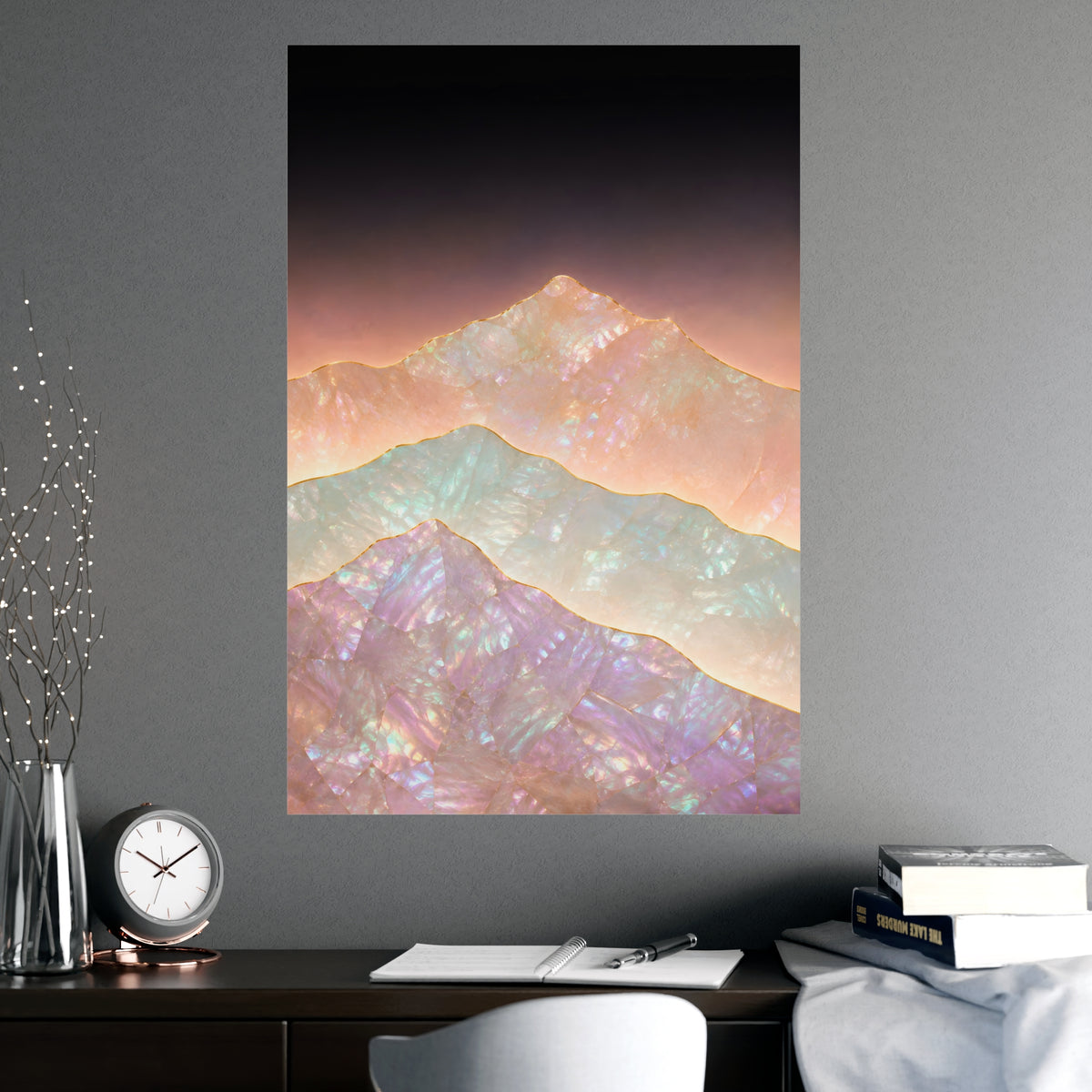 Mountains, Far Off — mountains, far off, shown framed on a wall