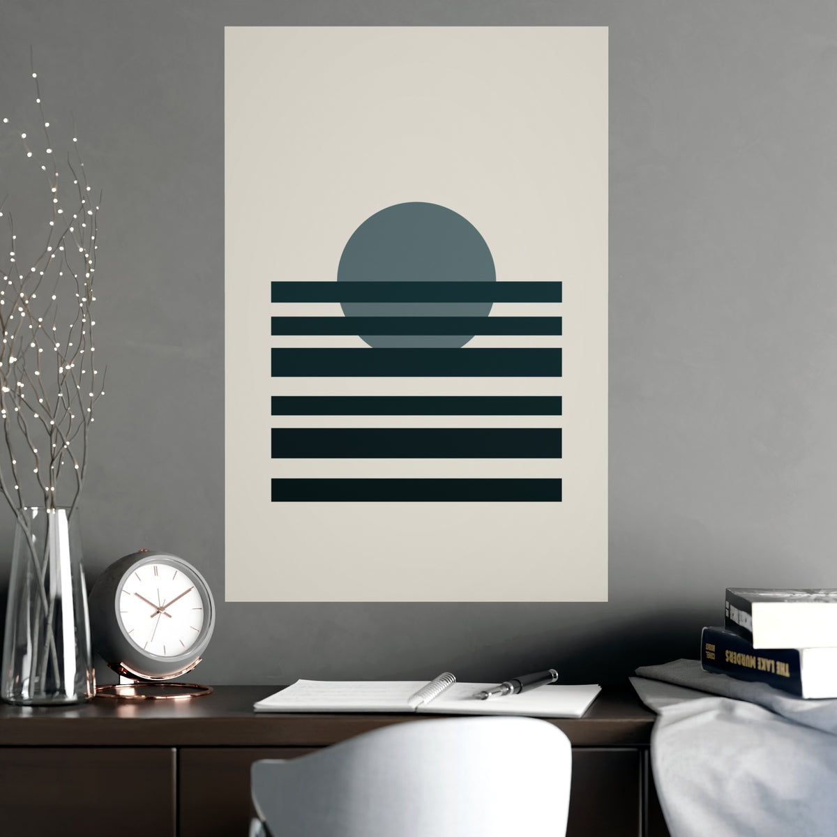 Deep Teal Sunset Landscape Wall Art — sunset landscape in a deep teal palette, shown framed on a wall