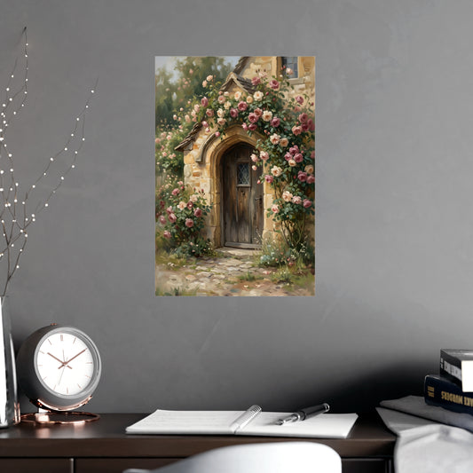 Rose Cottage Door framed on a cream wall in a living room, 12x18 in print