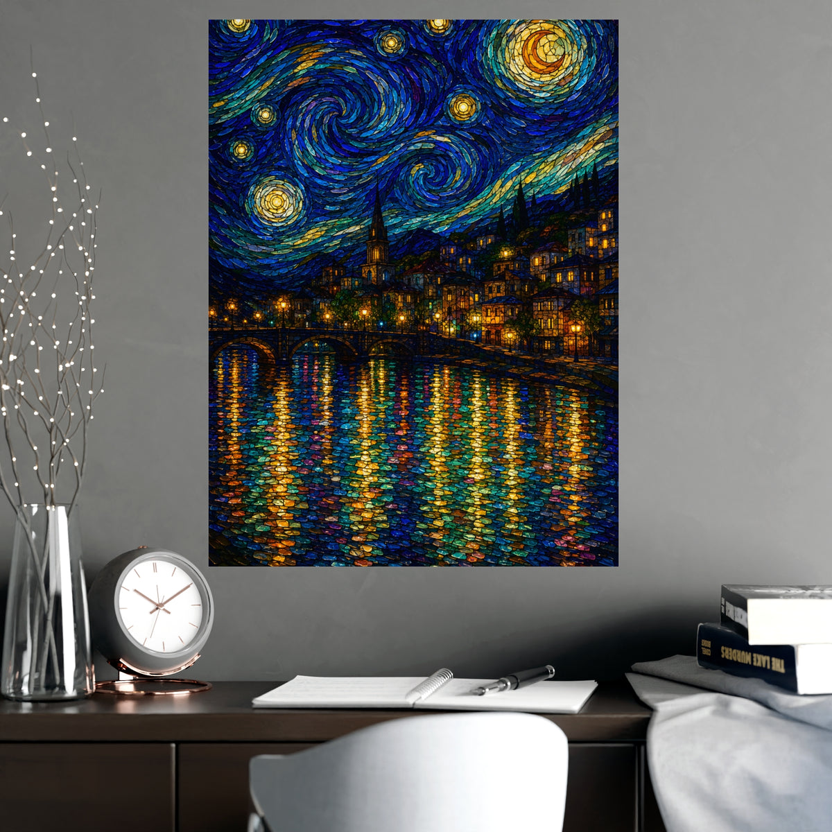 River Town at Night — river town at night, shown framed on a wall