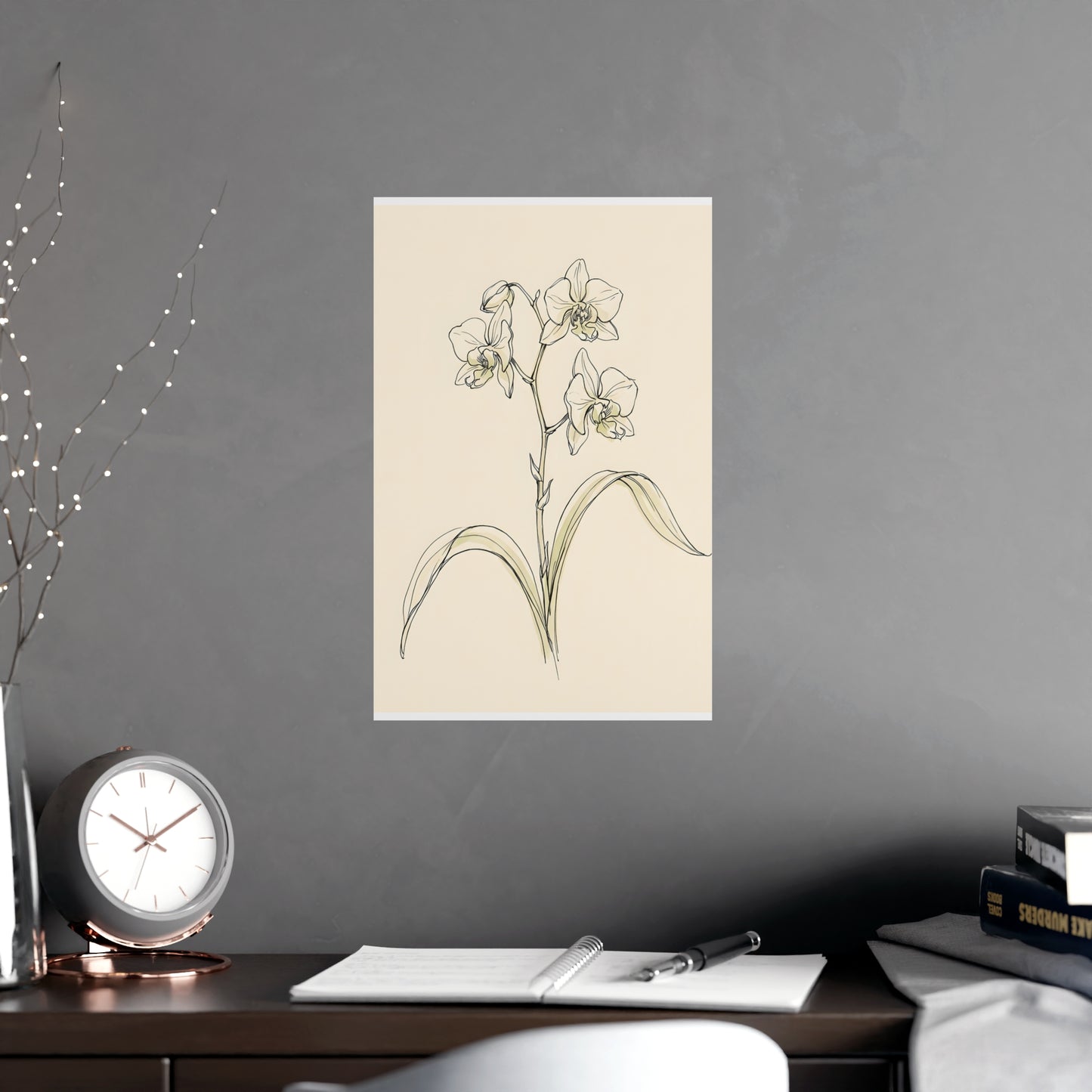 Orchid on a plain wall, shown at a larger size, 11x17 in print