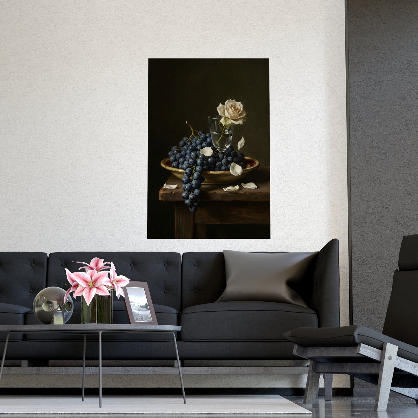 Grapes and a White Rose | Dark Still Life Print | Wall Art
