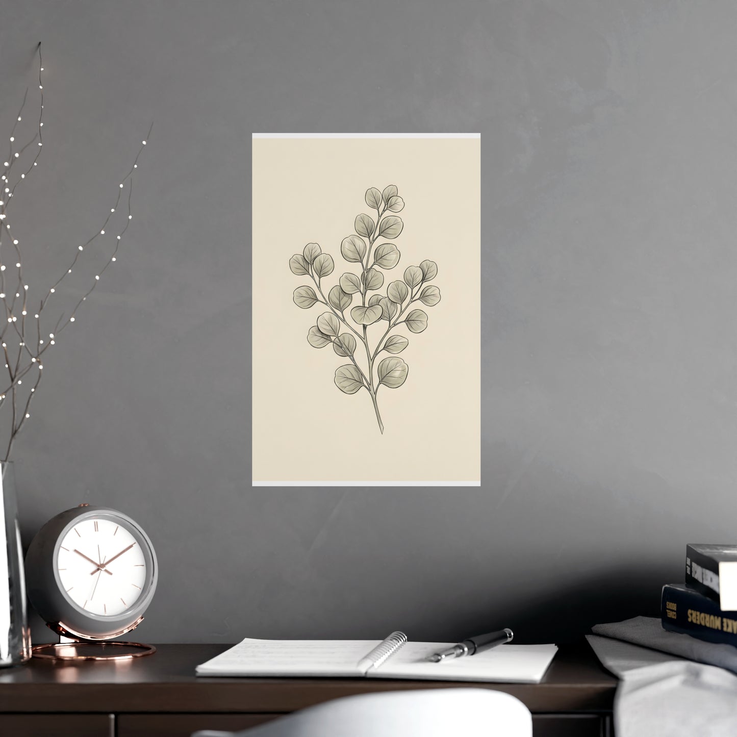 Eucalyptus on a living room wall beside a tall vase, 11x17 in print