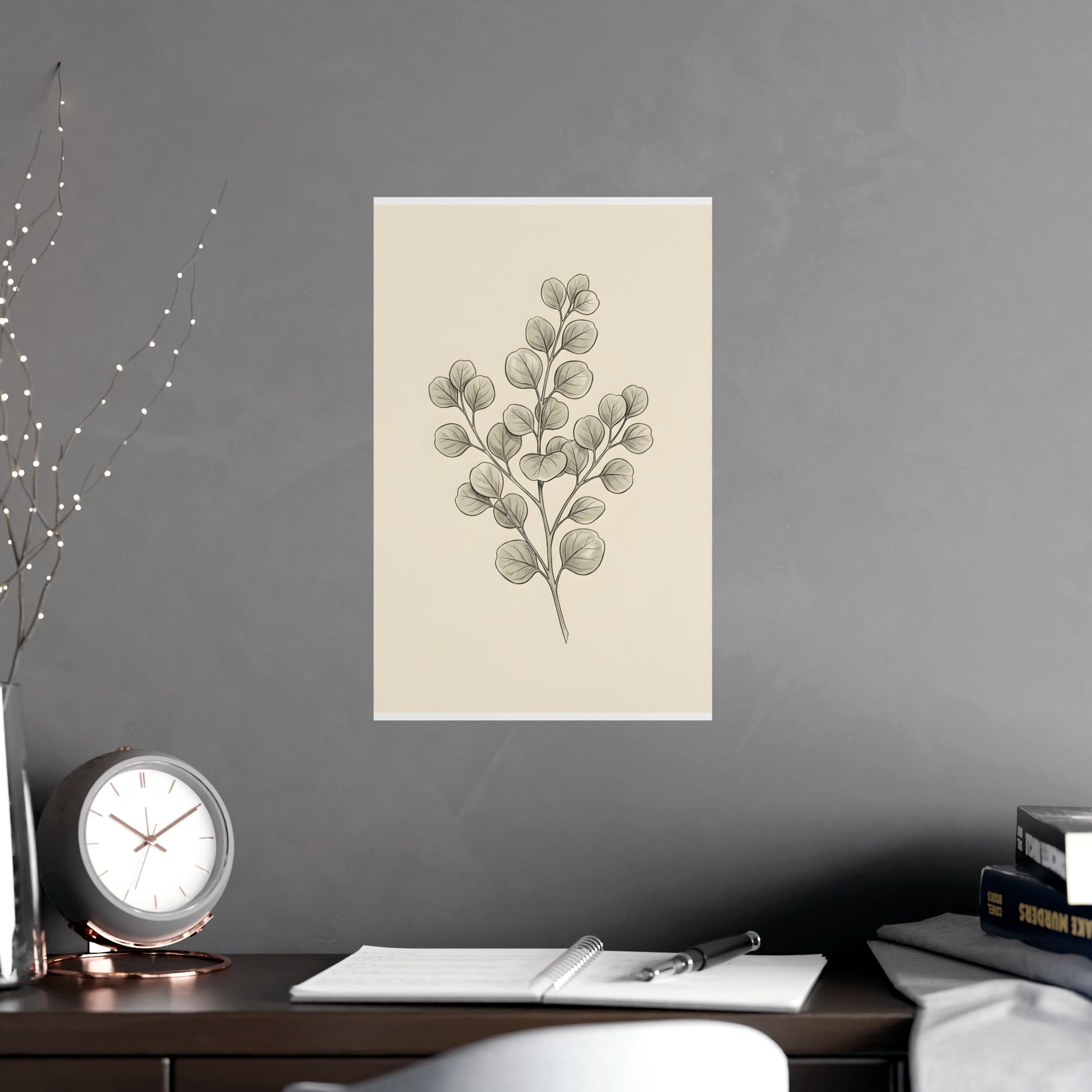 Eucalyptus on a living room wall beside a tall vase, 11x17 in print