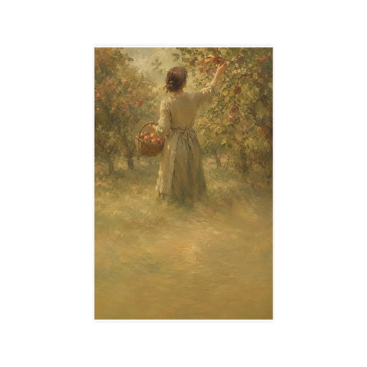 Picking Apples — a woman picking apples in an orchard in early autumn, seen from behind, 11x17 in print