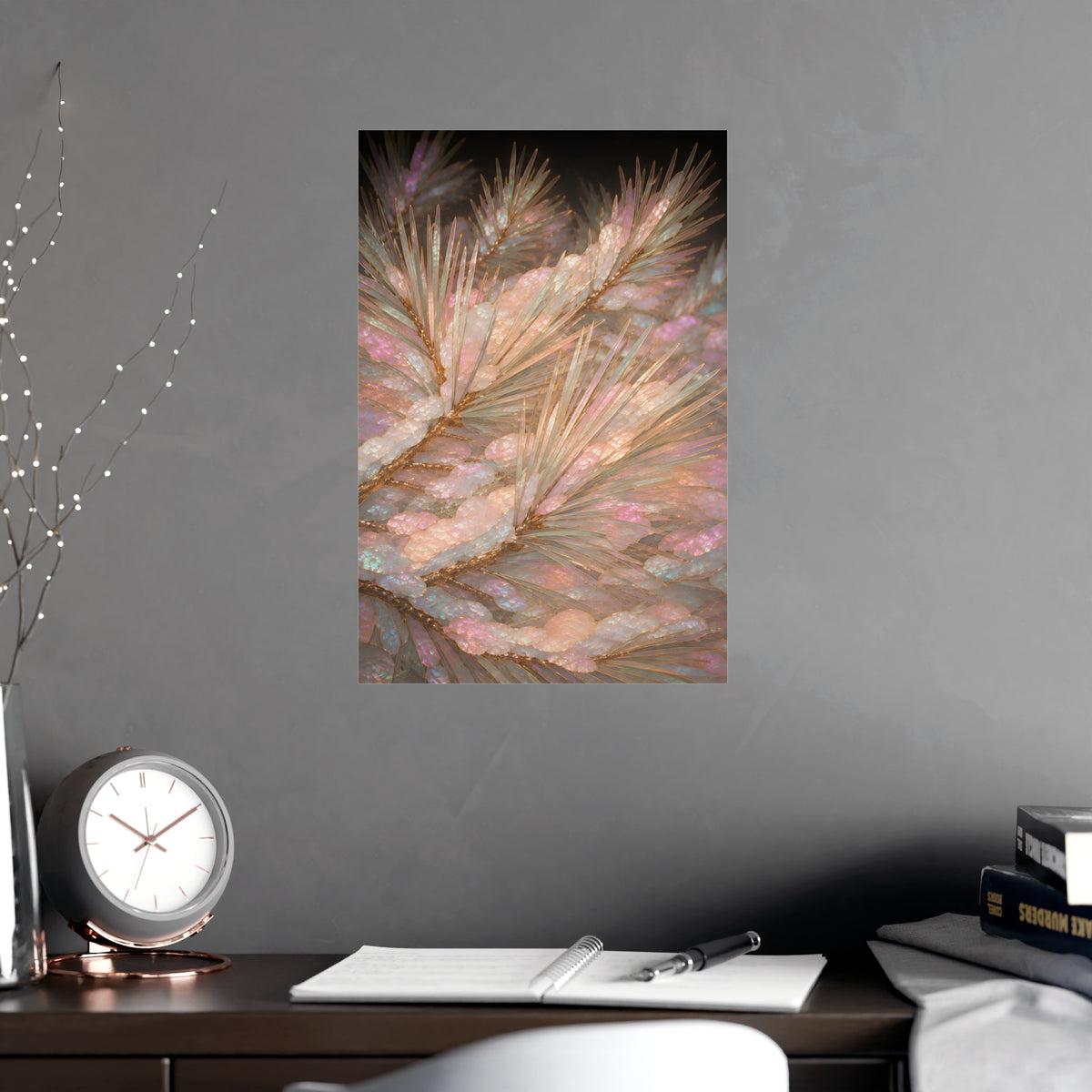 Snow on Pine — snow on pine, shown framed on a wall