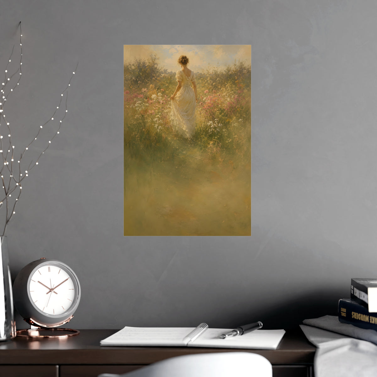 Meadow Walk — a woman walking through a summer meadow of wildflowers, shown framed on a wall