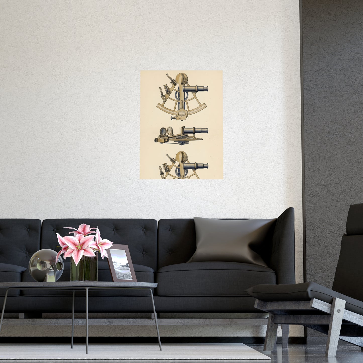 Sextant hung on a grey wall above a dark sofa, 11x17 in print