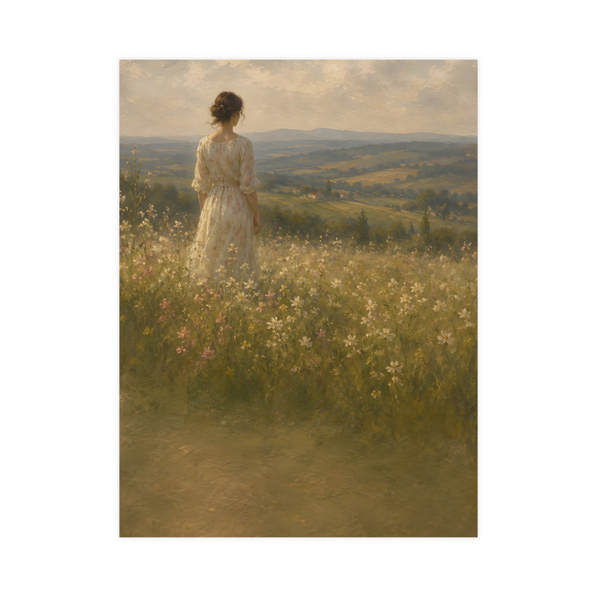 Looking to the Hills — a woman at the edge of a wildflower field looking toward distant hills, 18x24 in print