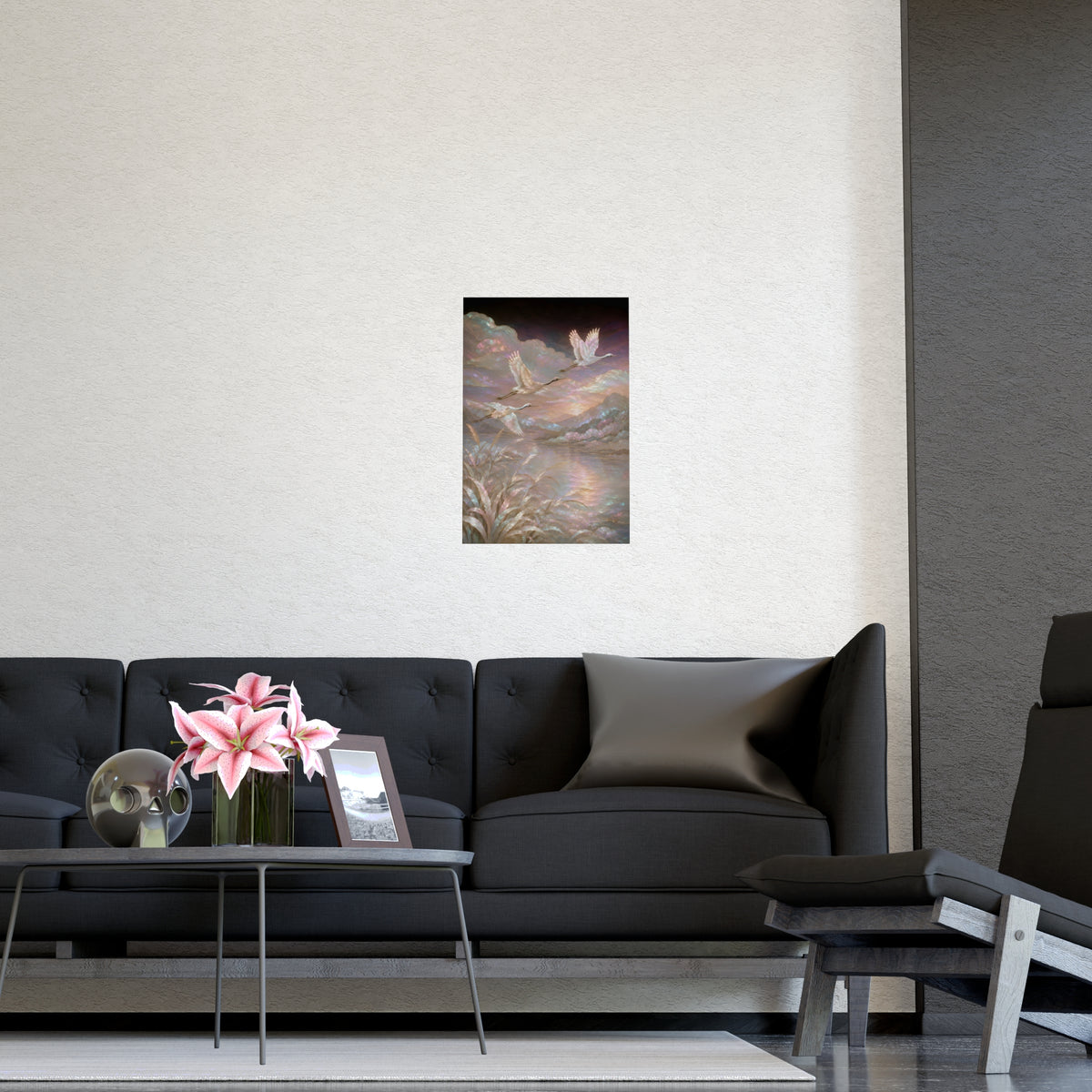 Cranes over Water — cranes over water, shown framed on a wall