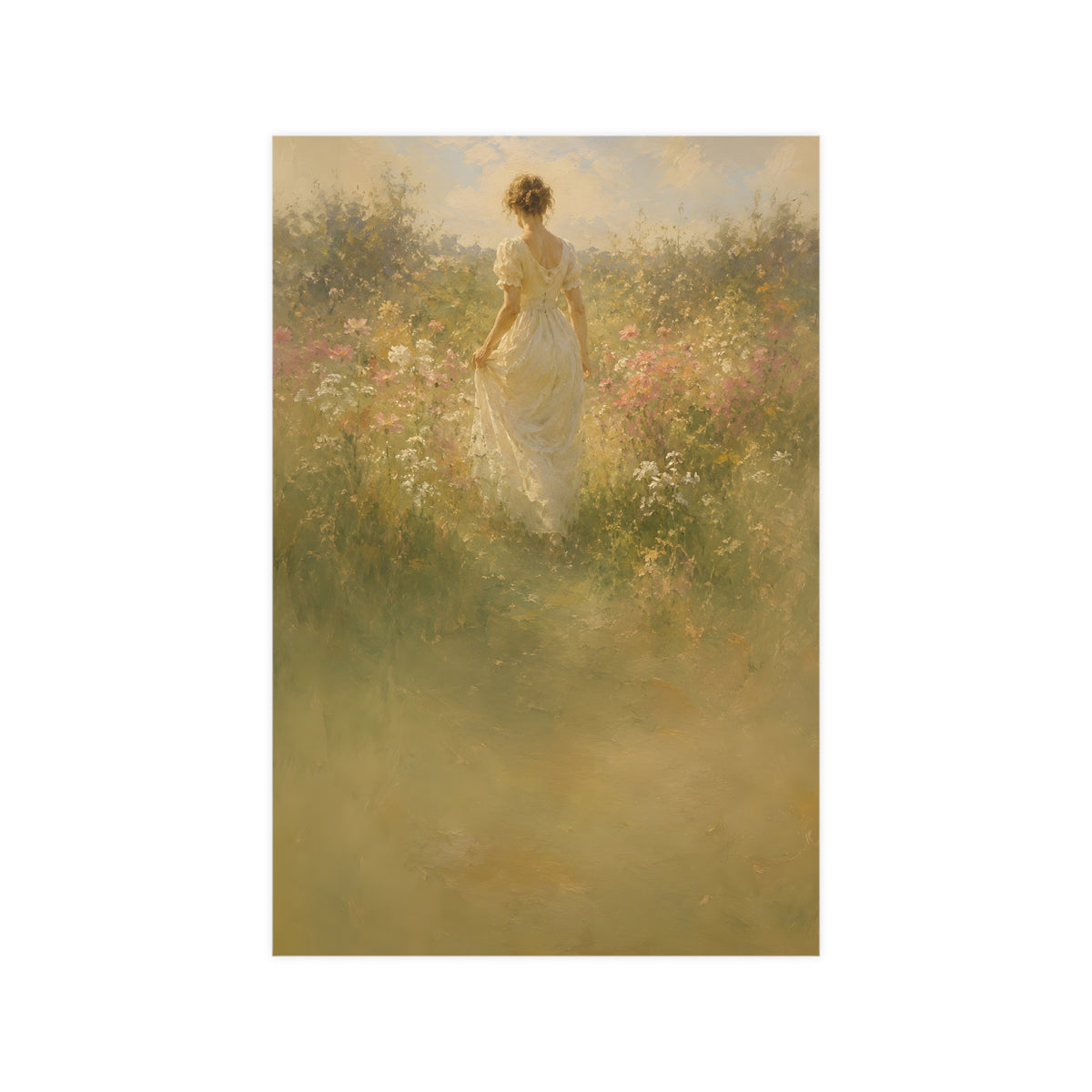 Meadow Walk — a woman walking through a summer meadow of wildflowers, 12x18 in print
