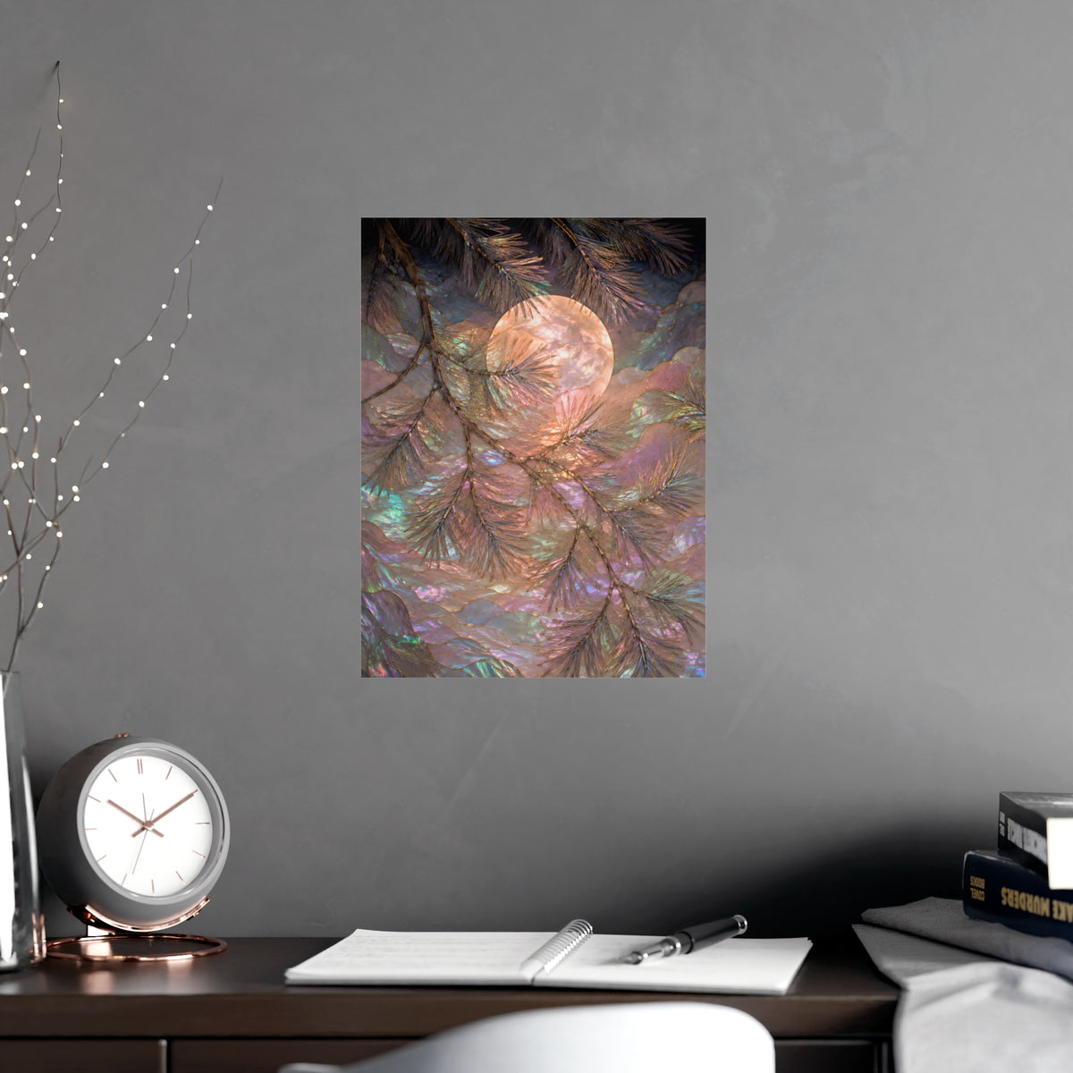 Moon behind Pines — moon behind pines, shown framed on a wall
