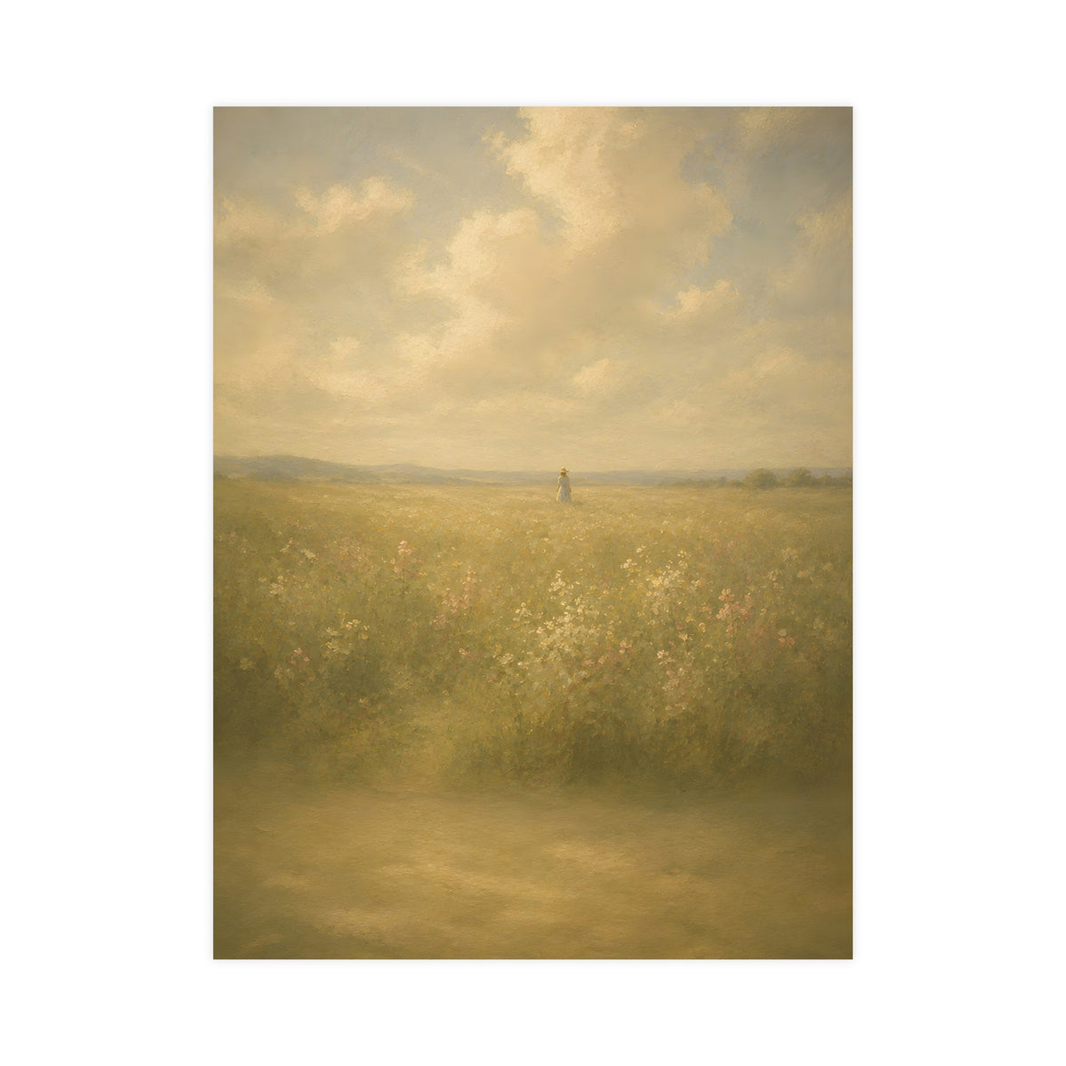 Small in the Field — a single figure very small and far off in a wide wildflower field under a wide summer sky, 18x24 in prin
