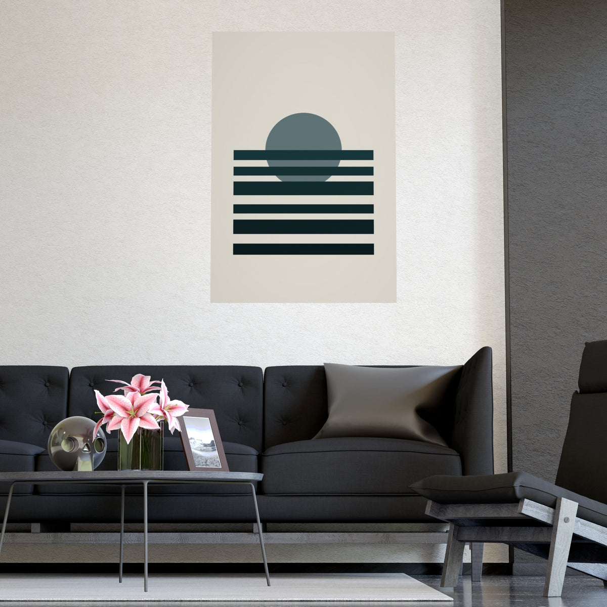 Deep Teal Sunset Landscape Wall Art — sunset landscape in a deep teal palette, shown framed on a wall
