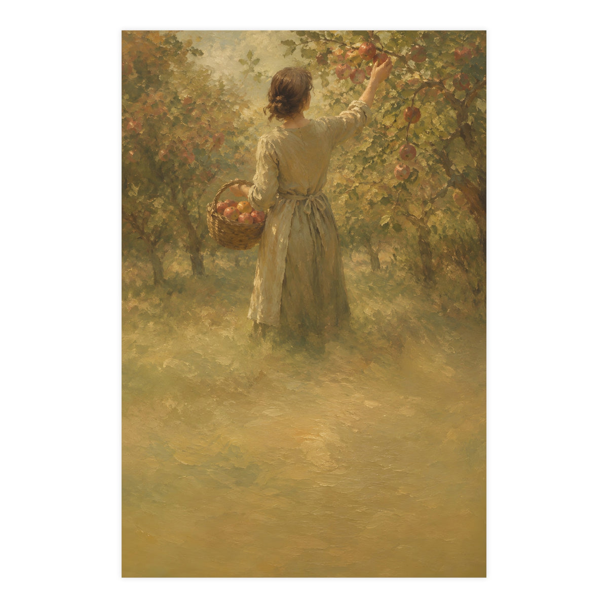 Picking Apples — a woman picking apples in an orchard in early autumn, seen from behind, 24x36 in print
